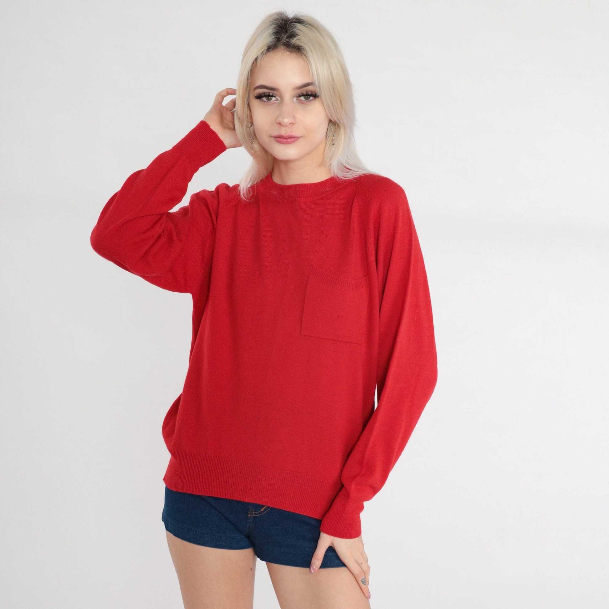 90s Red Lambswool Blend Crewneck Pullover Sweater Chest Pocket Medium M