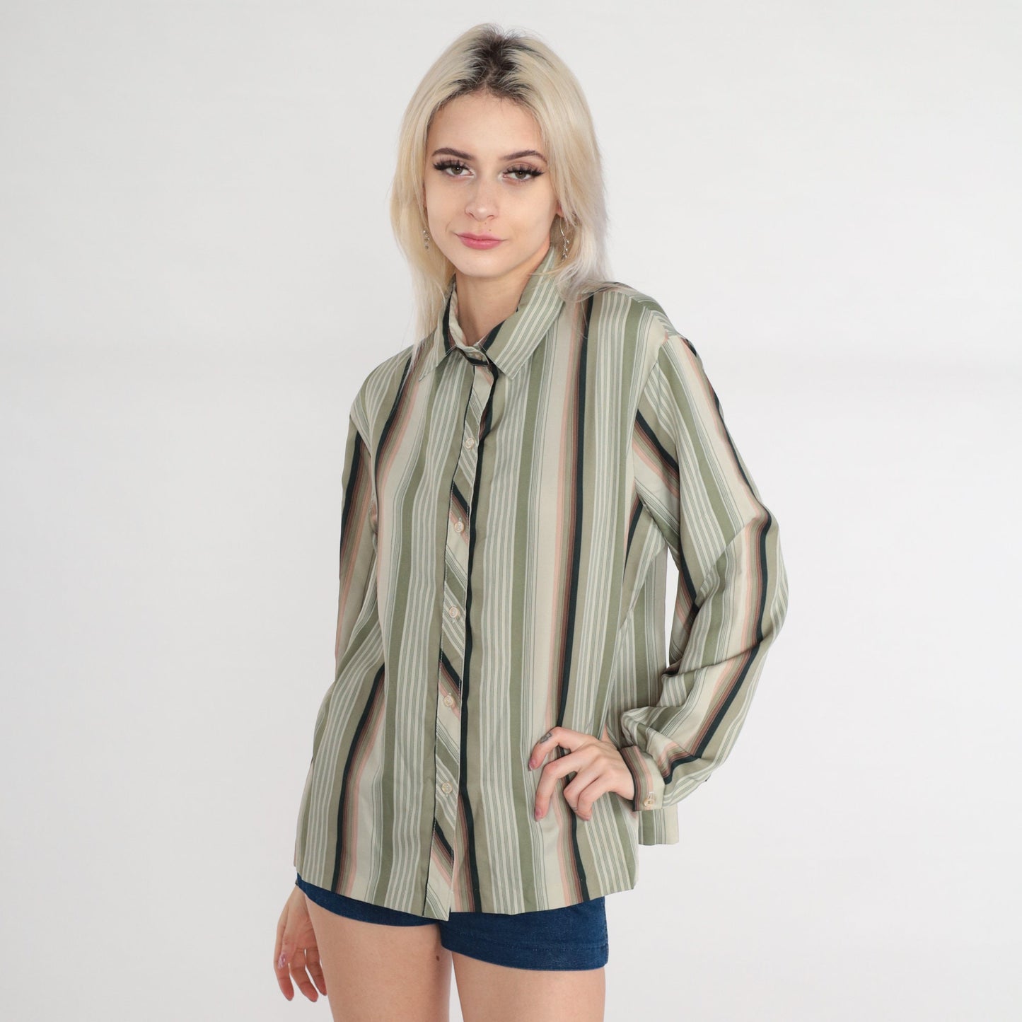 70s Lady Arrow Striped Button-Up Blouse Long Sleeve Collared Green Pink Large L