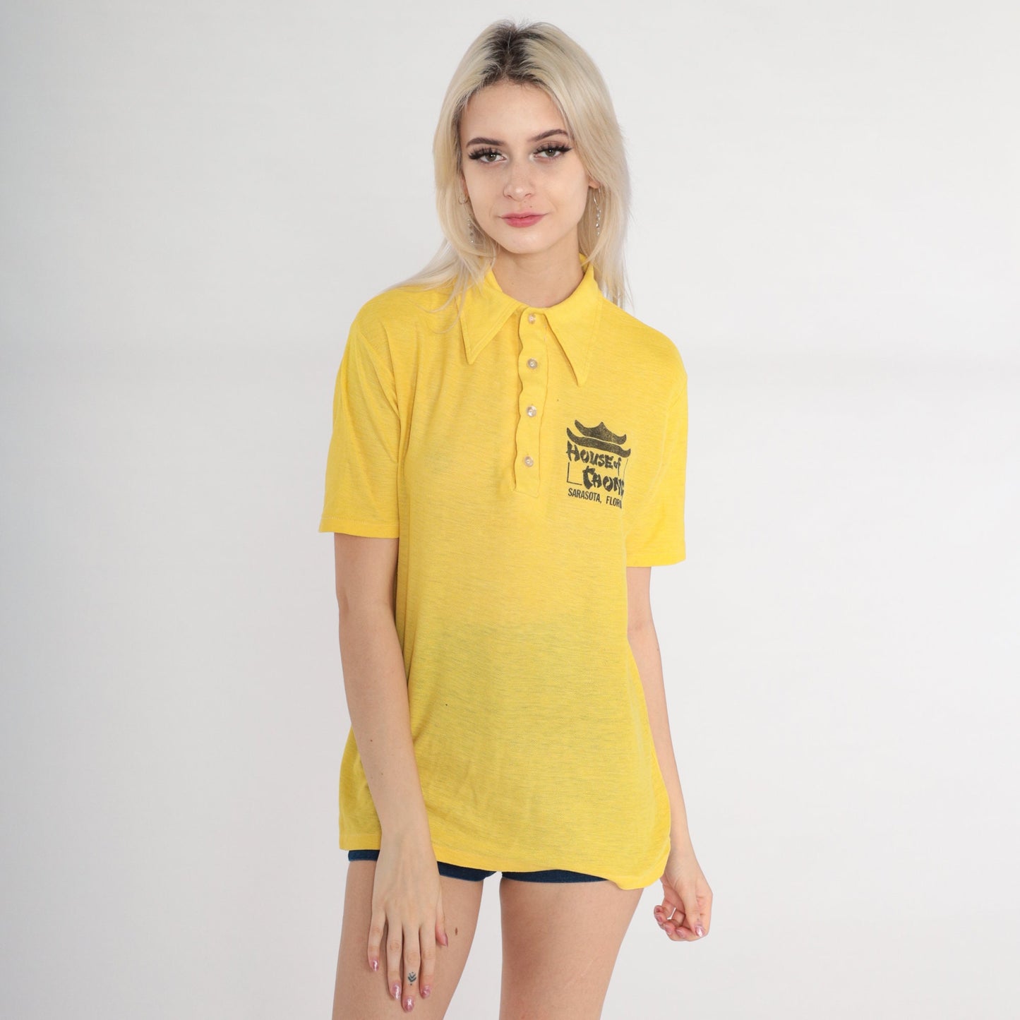 70s House of Chong Yellow Polo Shirt Dagger Collar Button-Up Medium
