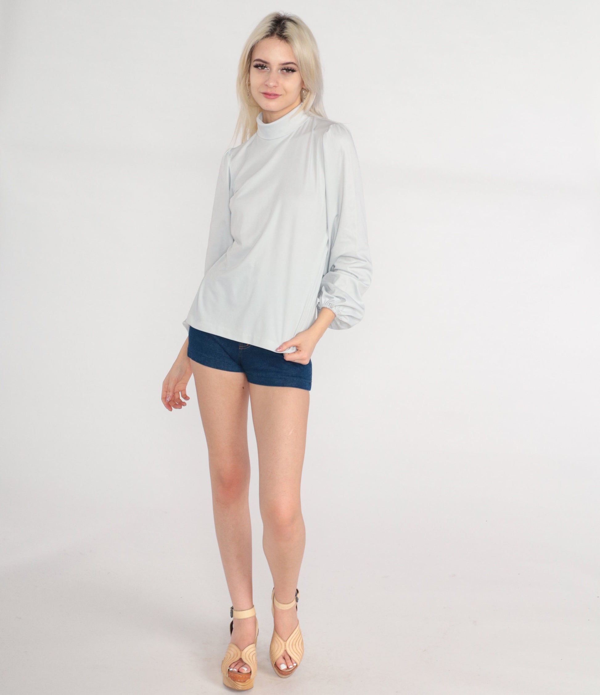 70s Cement Grey Mock Neck Puff Sleeve Blouse Small S