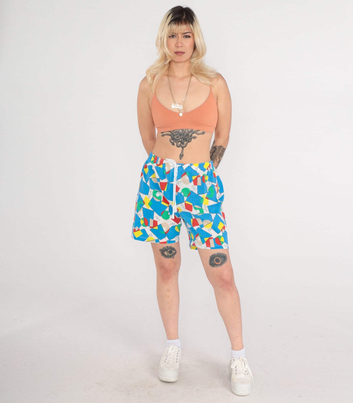 90s Geometric Shorts Bright Blue High Waist Drawstring Cotton Medium Large