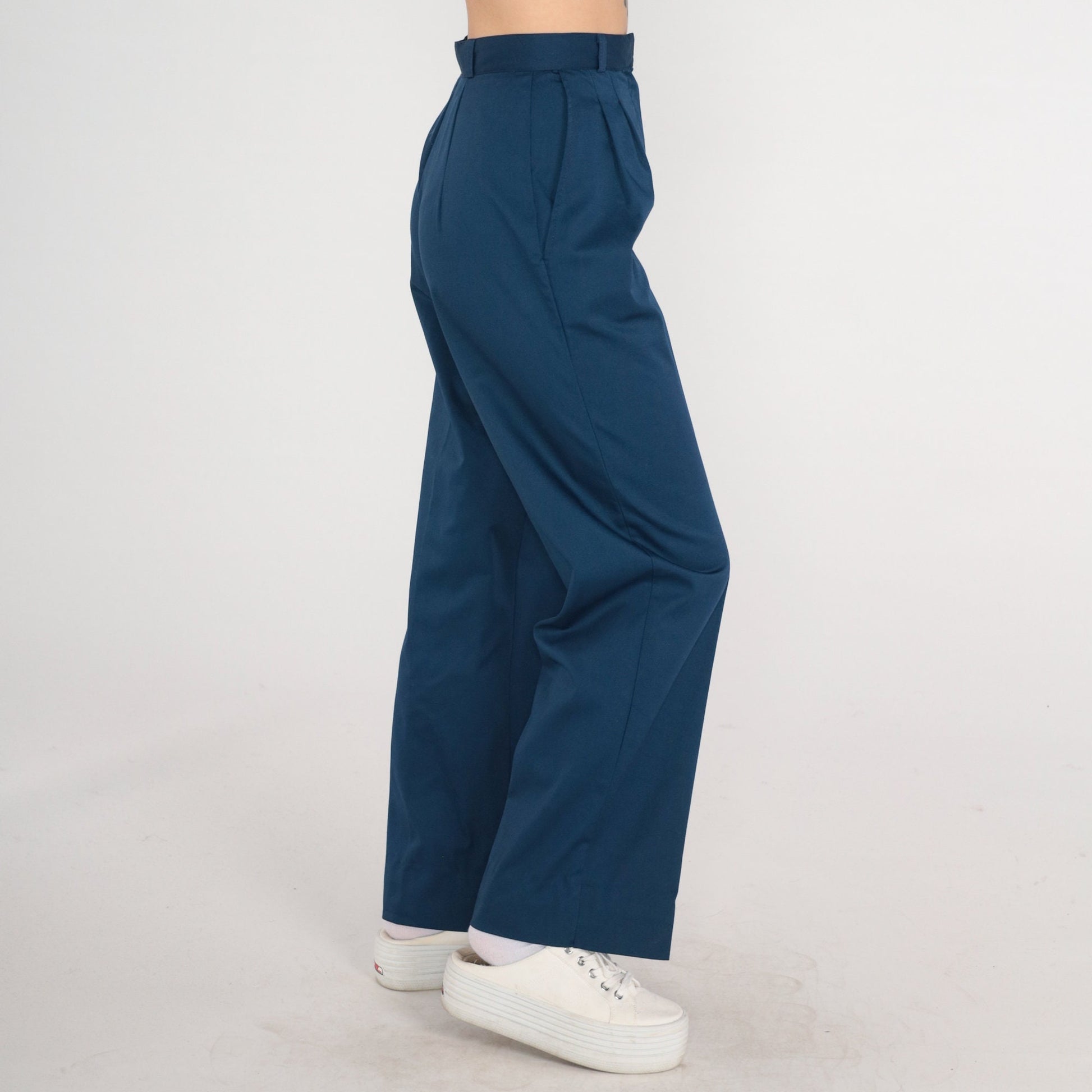 80s Navy High-Waisted Pleated Trousers Tapered Pants Small 26