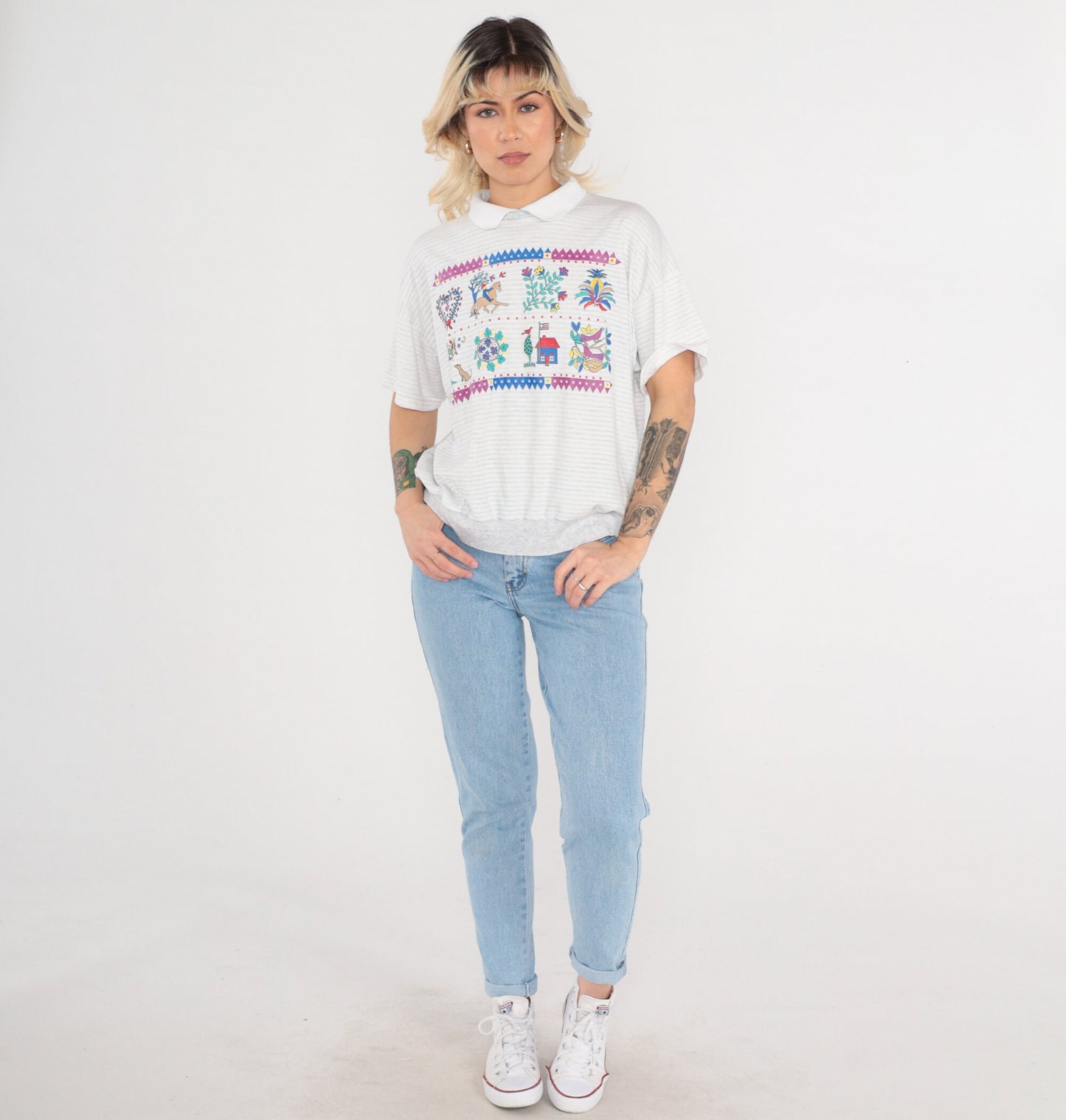 90s Striped Collared Shirt Floral Animal Print Grey White Cotton Large