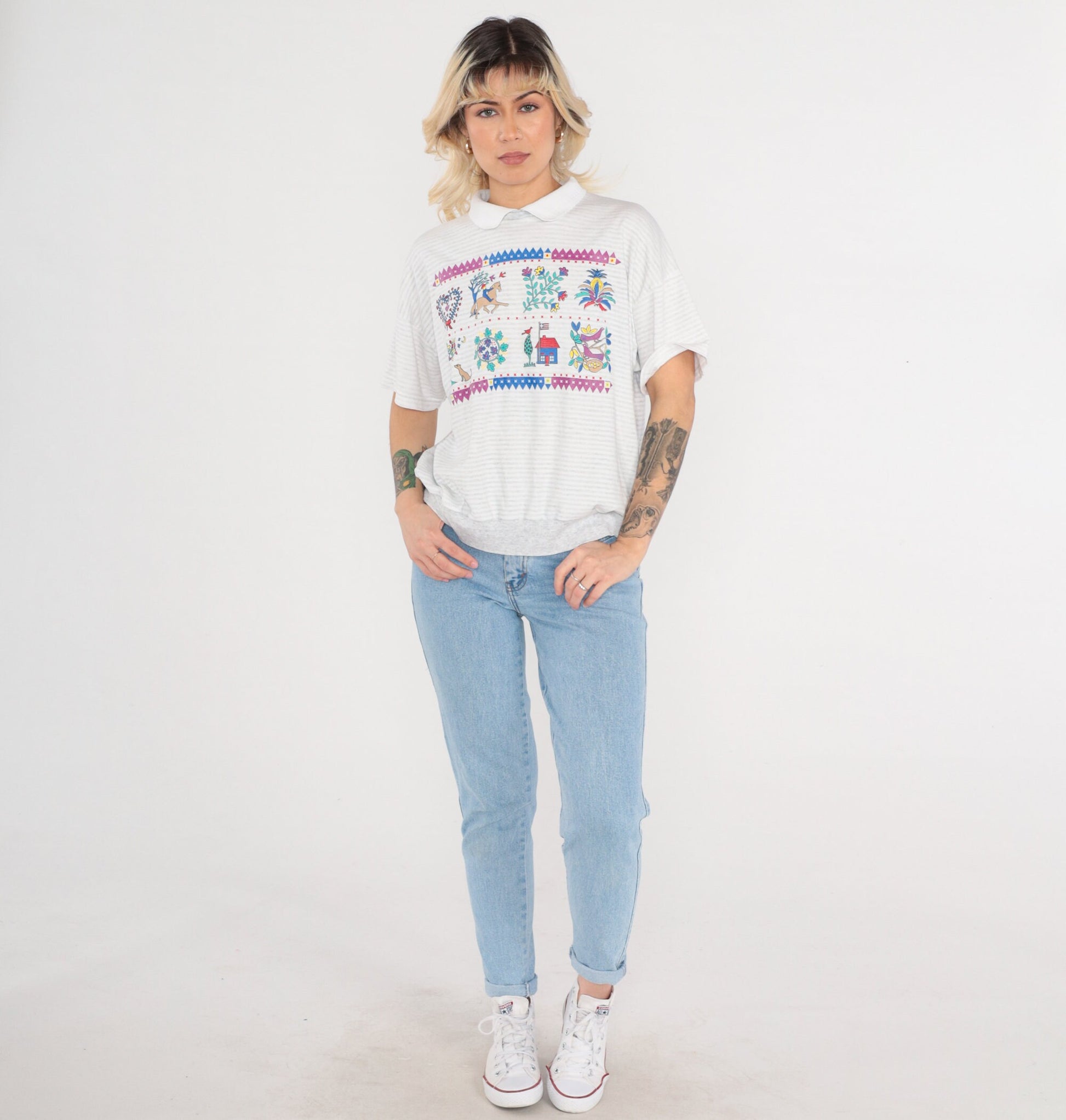 90s Striped Collared Shirt Floral Animal Print Grey White Cotton Large