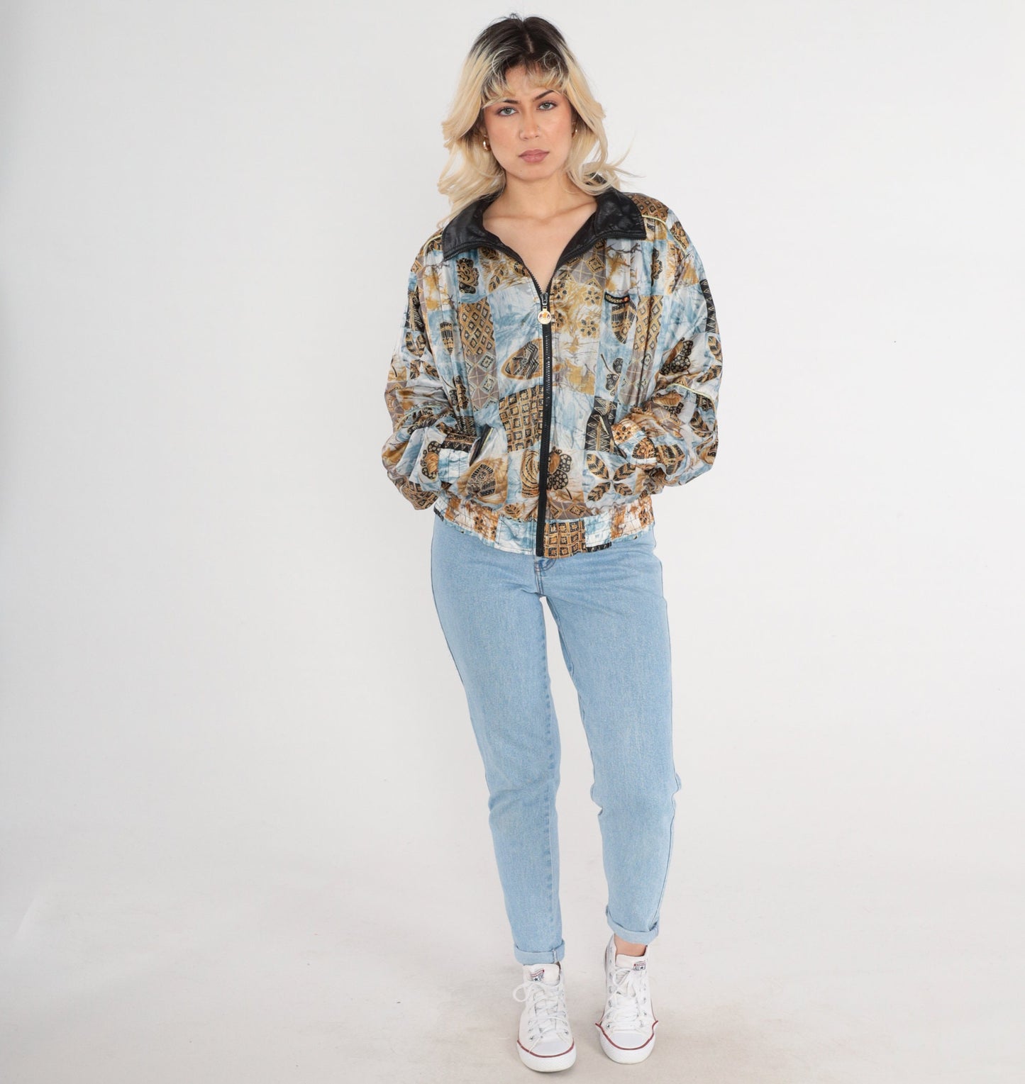 80s Ellesse Windbreaker Jacket Blue White Marble Geometric Floral Print Zip Bomber XS
