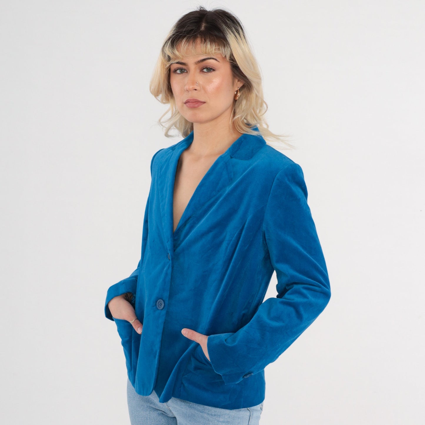 90s Studio Works Blue Velvet Blazer Button-Up Jacket Medium