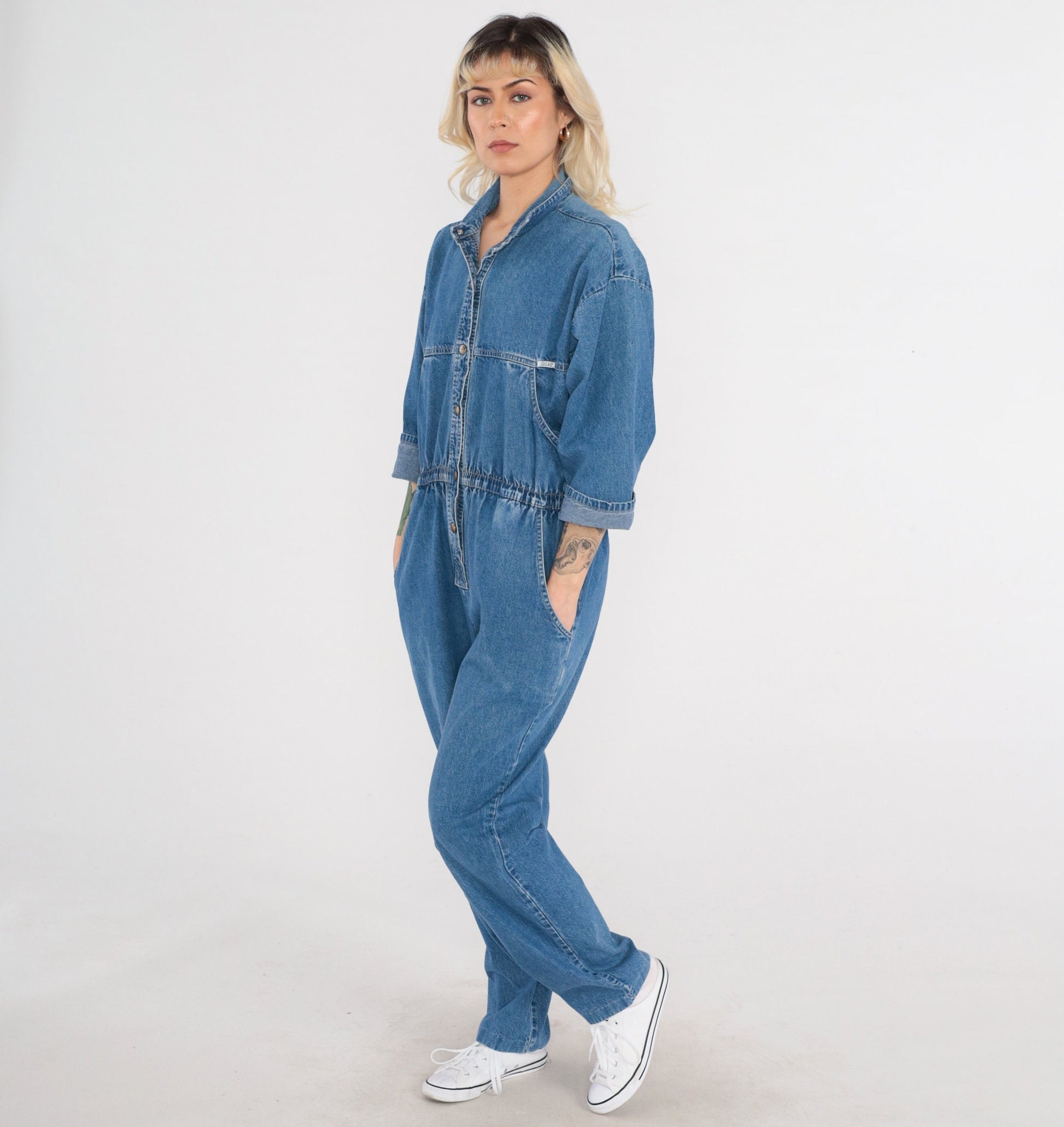 90s Ideas Denim Jumpsuit Blue Snap Chest 3/4 Sleeve Medium
