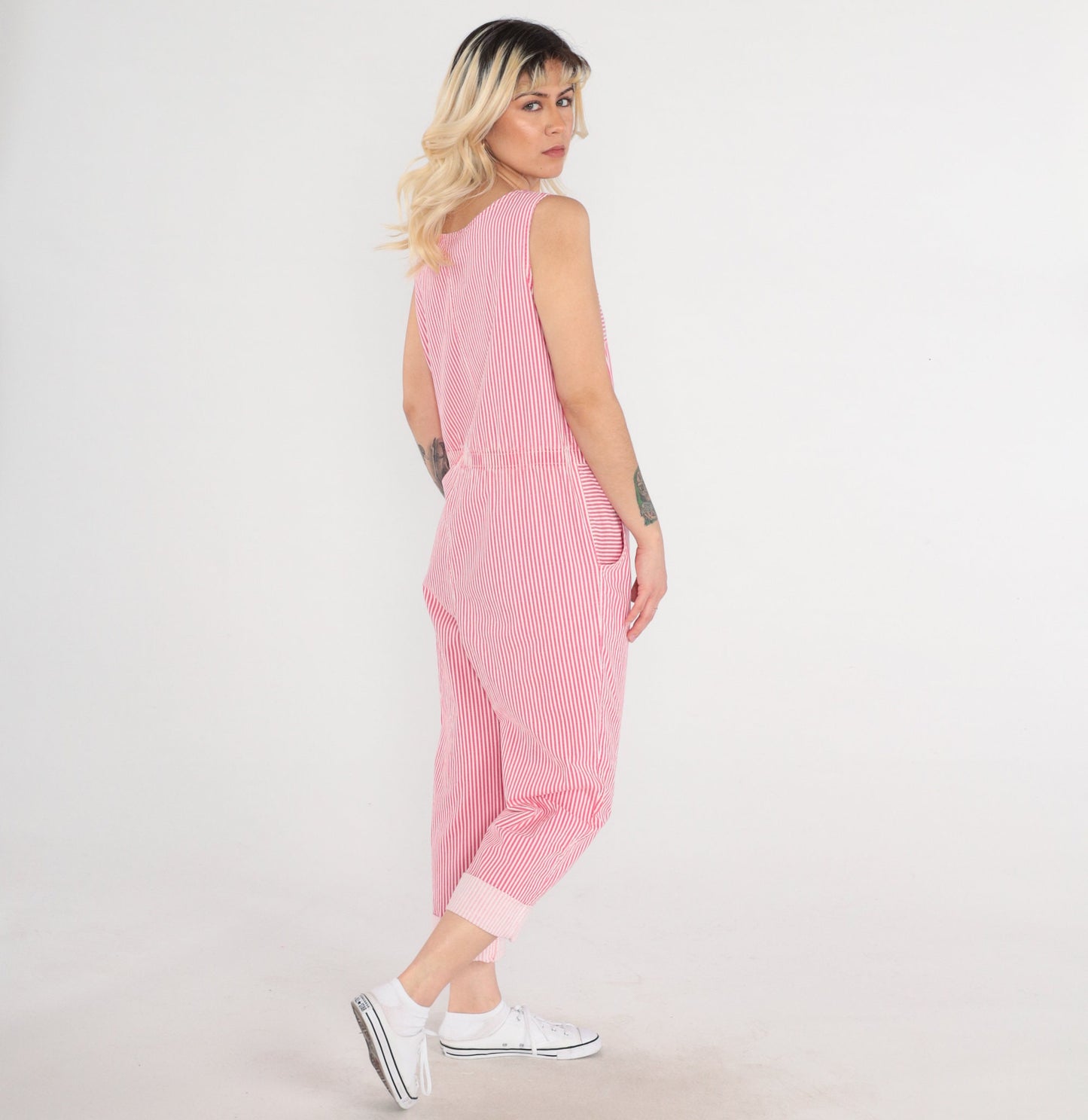 90s Dreams Striped Jumpsuit Pink White Snap Front Sleeveless Medium
