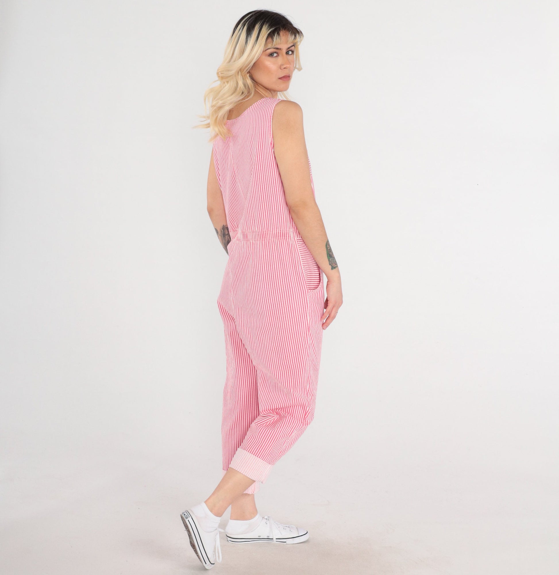 90s Dreams Striped Jumpsuit Pink White Snap Front Sleeveless Medium