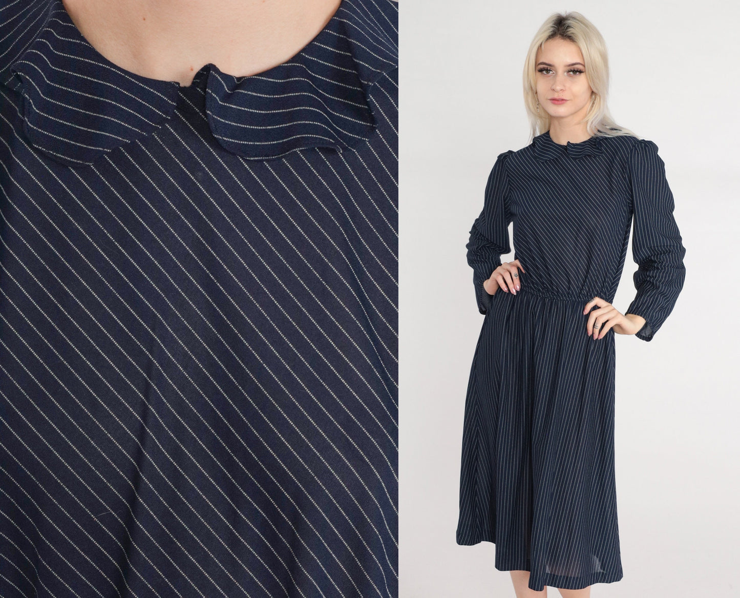 70s Navy Striped Midi Dress Puff Sleeve High Waist Ruffle Collar Small