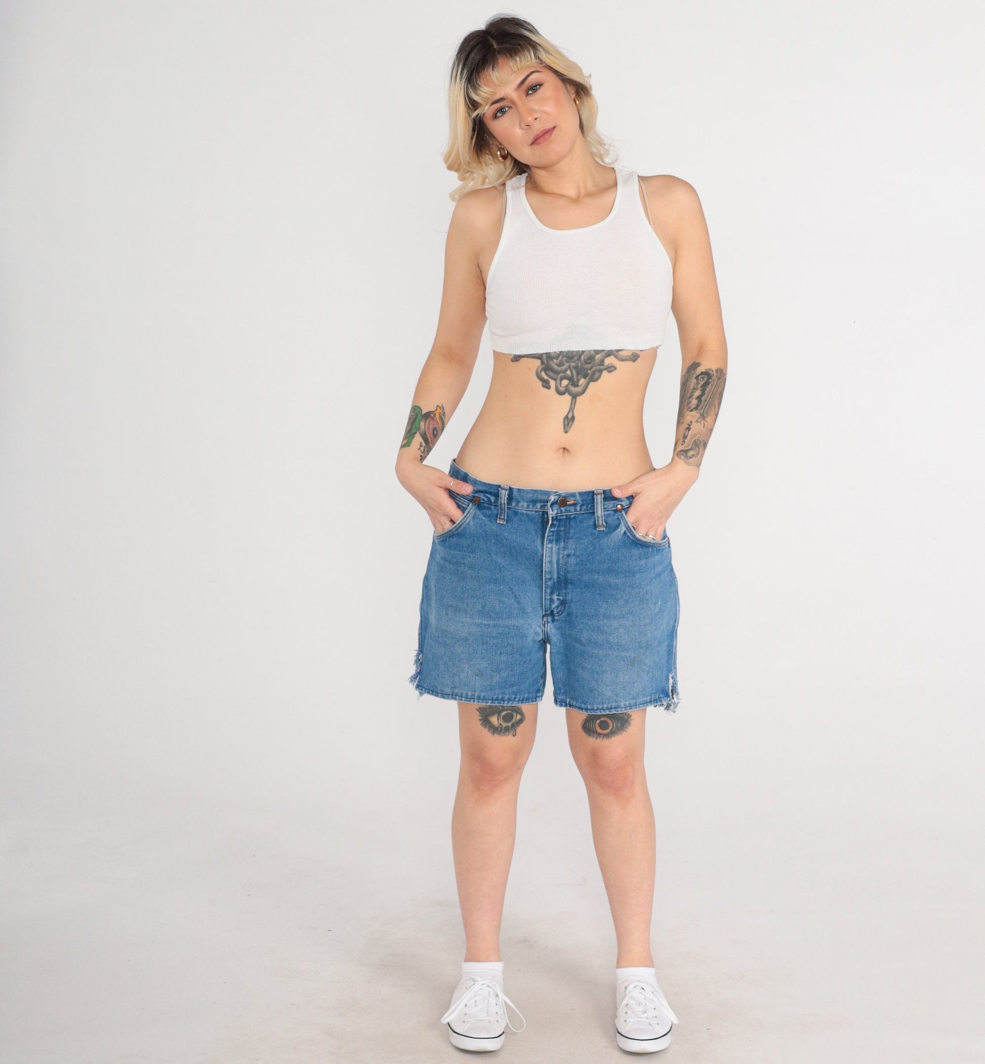 80s Wrangler High Waisted Denim Shorts Blue Frayed Cutoff XL