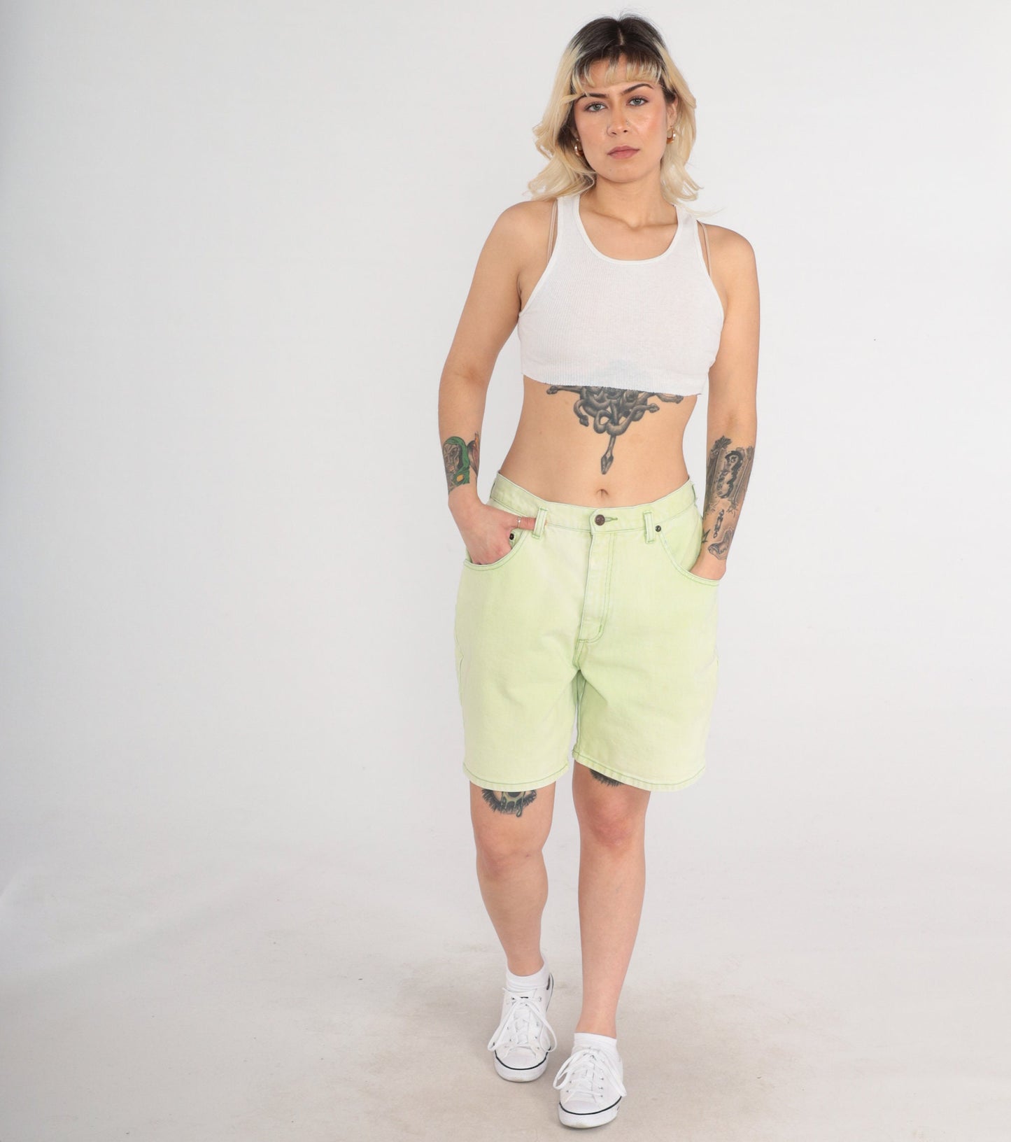 90s AMI Light Green Denim Shorts High Waist Jean Shorts Large