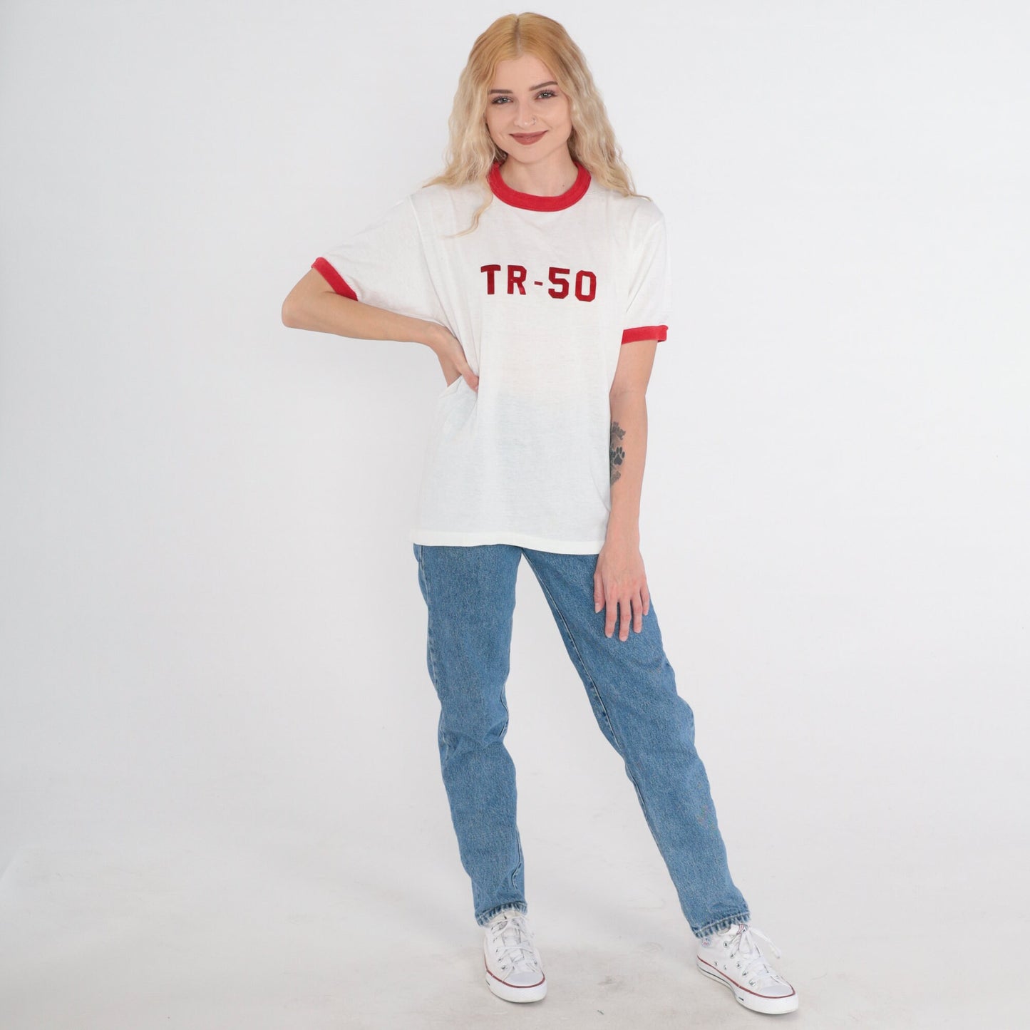 80s TR-50 Ringer Tee White Red Graphic T-Shirt Single Stitch Large L