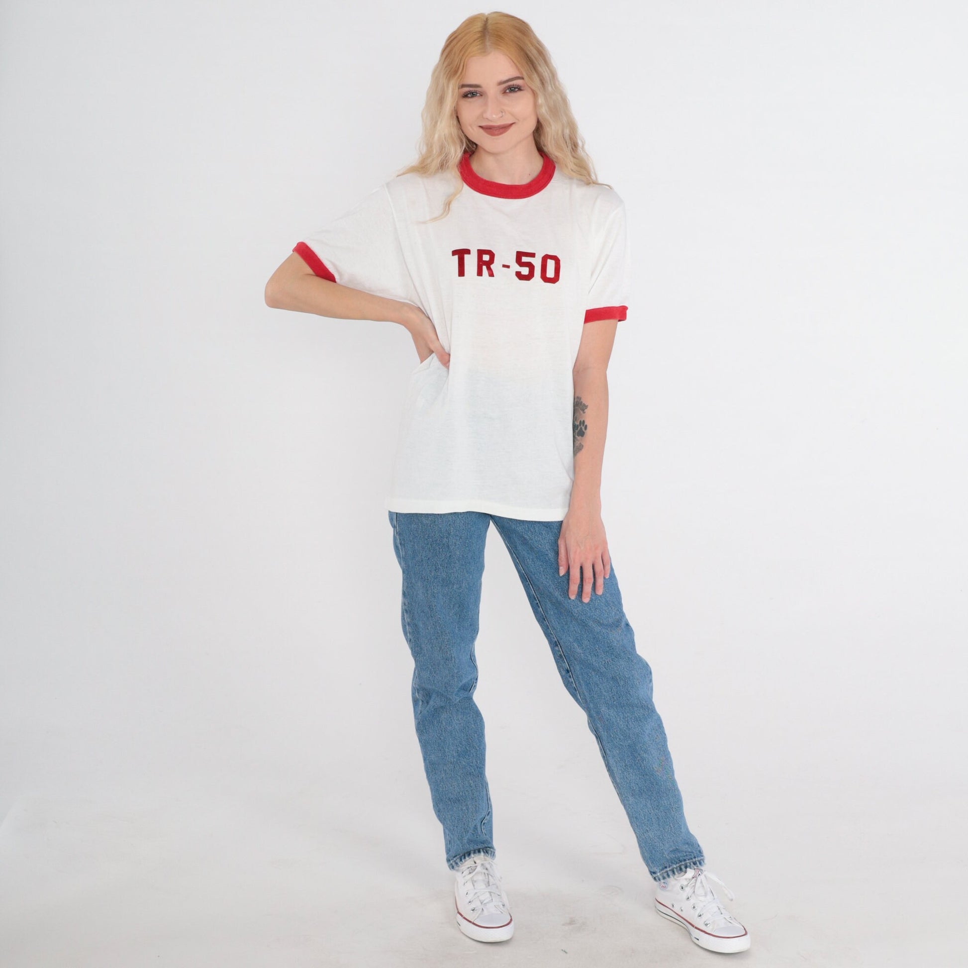 80s TR-50 Ringer Tee White Red Graphic T-Shirt Single Stitch Large L