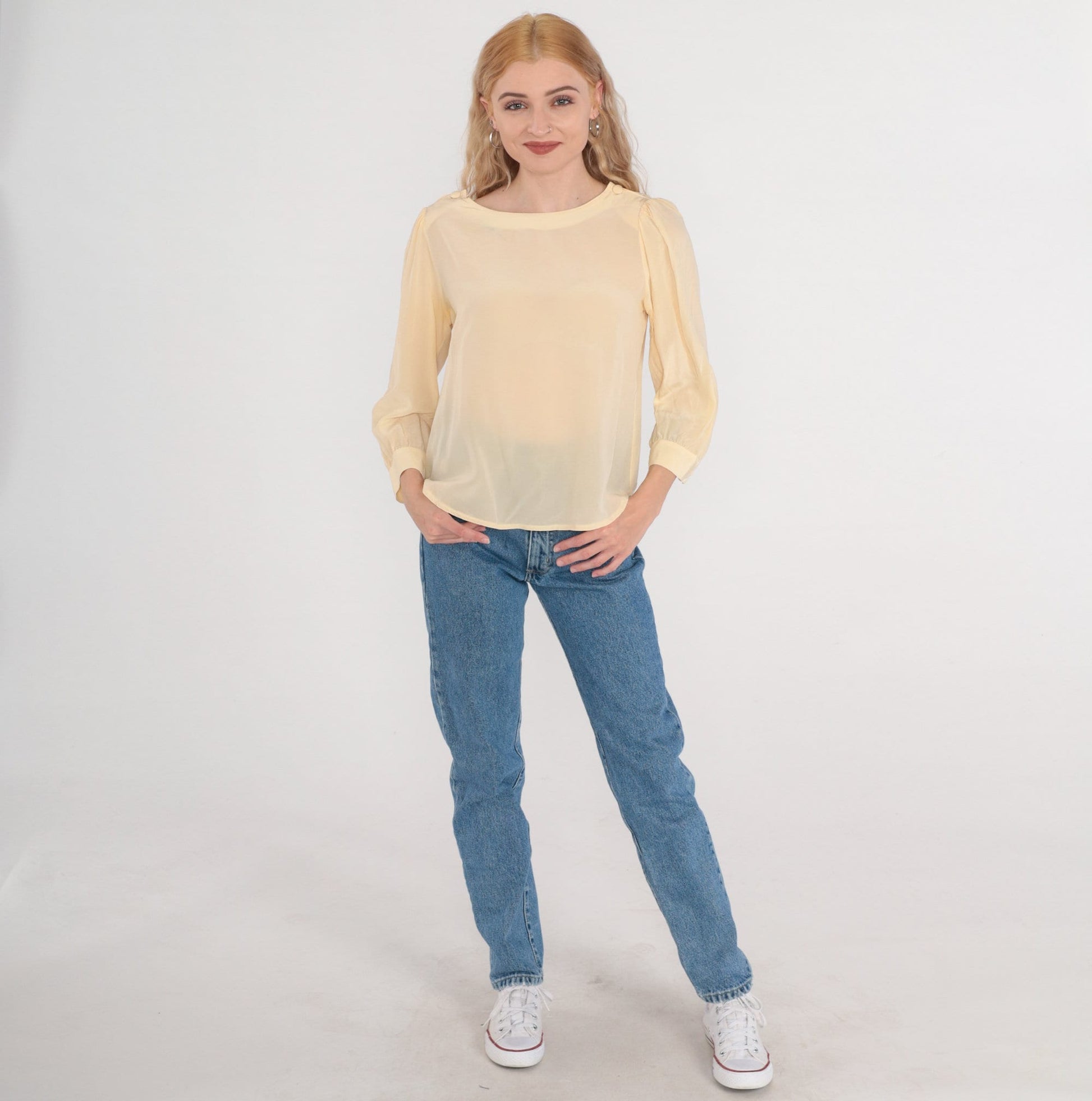 80s Jonathan Martin Cream Silk Blouse Puff Sleeve Button Shoulder Medium