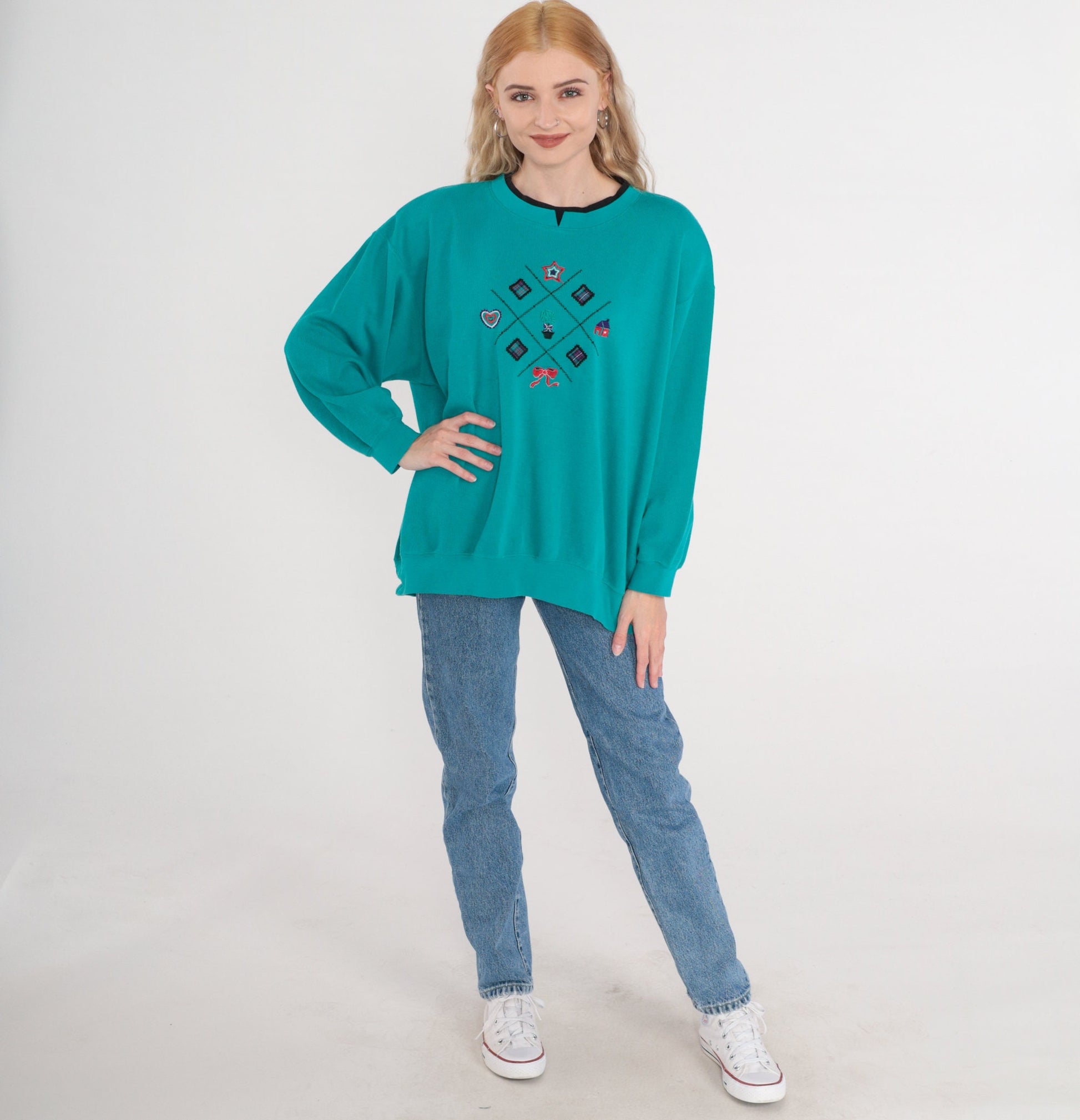 90s Koret Sport Embroidered Sweatshirt Teal Crewneck Pullover XXL