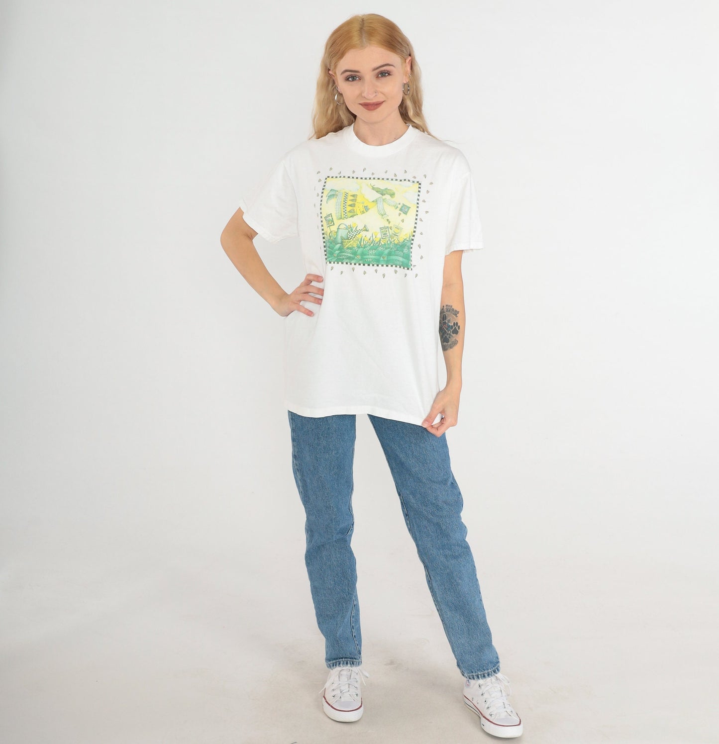 90s Plant the Earth Angel Gardening Graphic T-Shirt White Cotton Medium