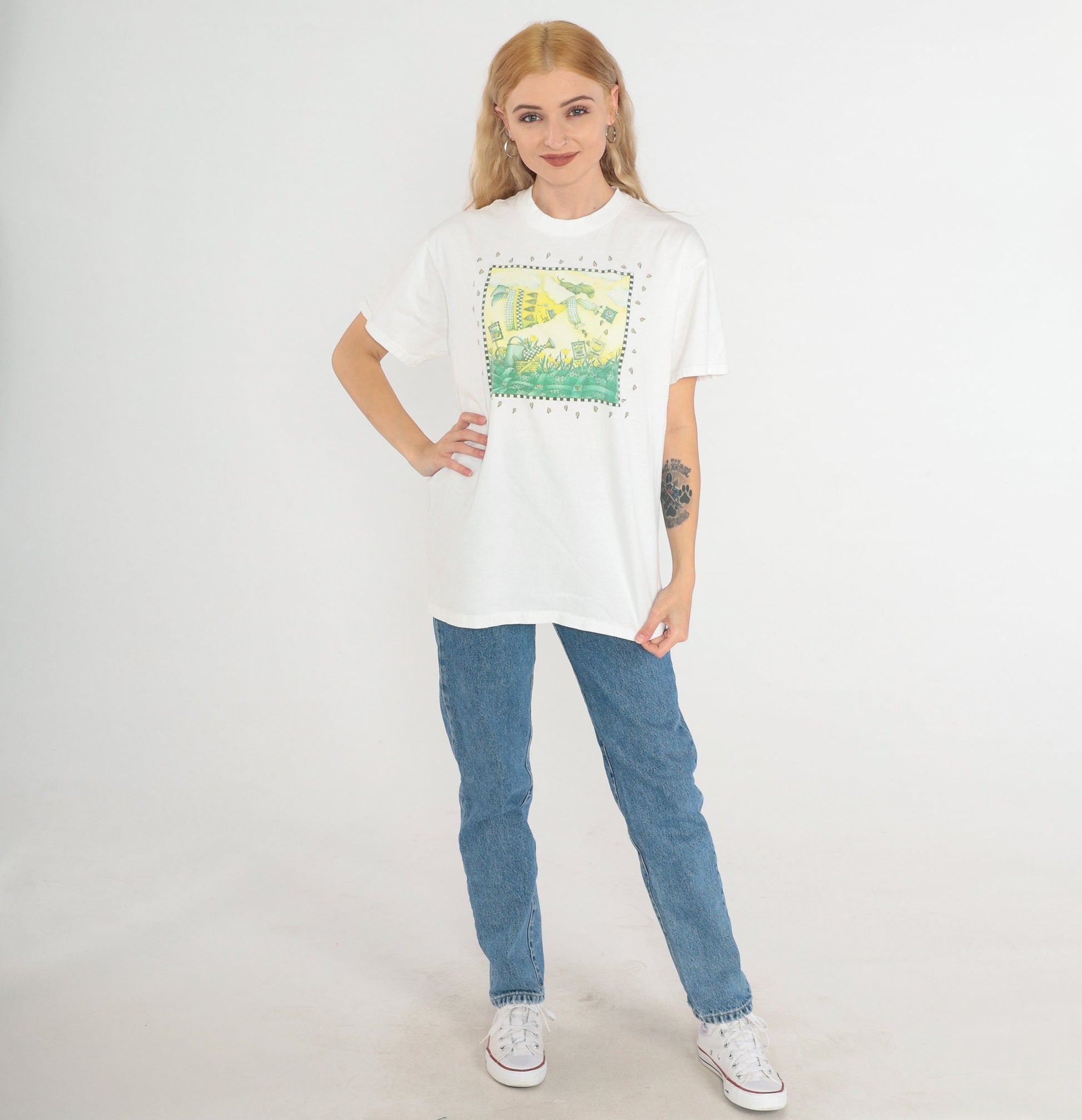 90s Plant the Earth Angel Gardening Graphic T-Shirt White Cotton Medium