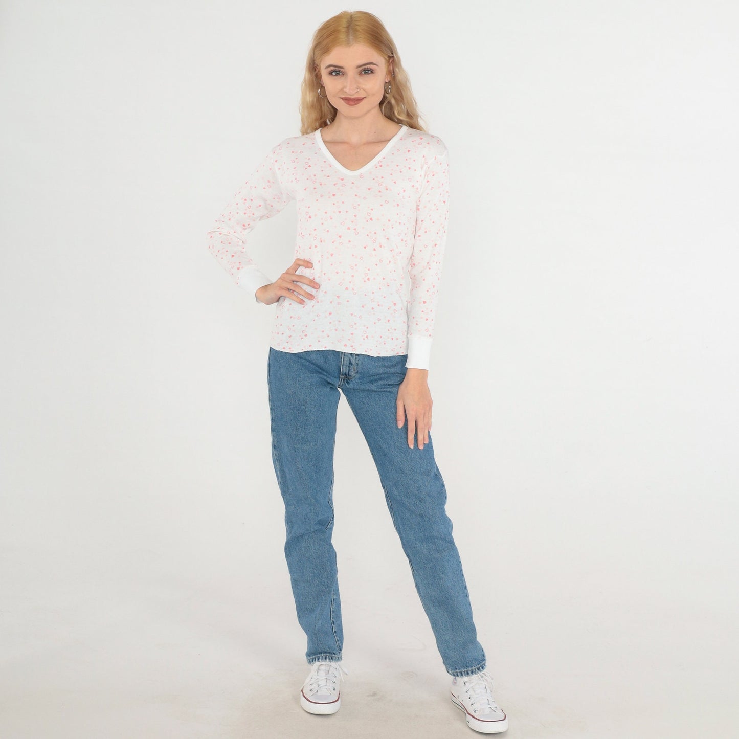 80s Heart Print Waffle Knit Thermal Shirt White V-Neck Long Sleeve Small