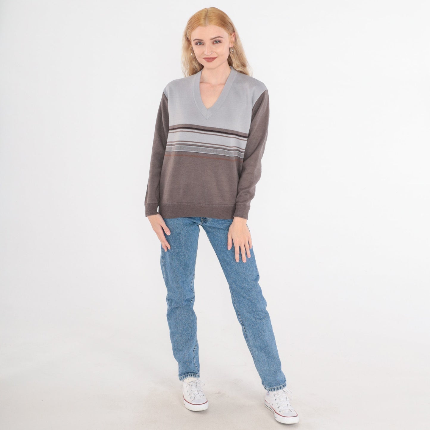 80s Striped V-Neck Sweater Wool Blend Grey Taupe Pullover Small Medium