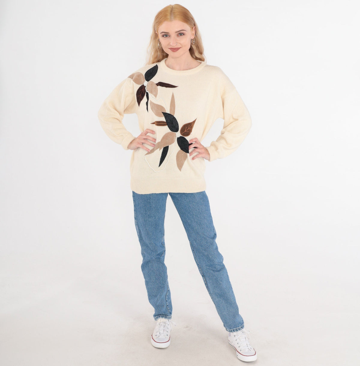 80s Cream Floral Beaded Knit Sweater Pearl Embroidered Pullover Medium