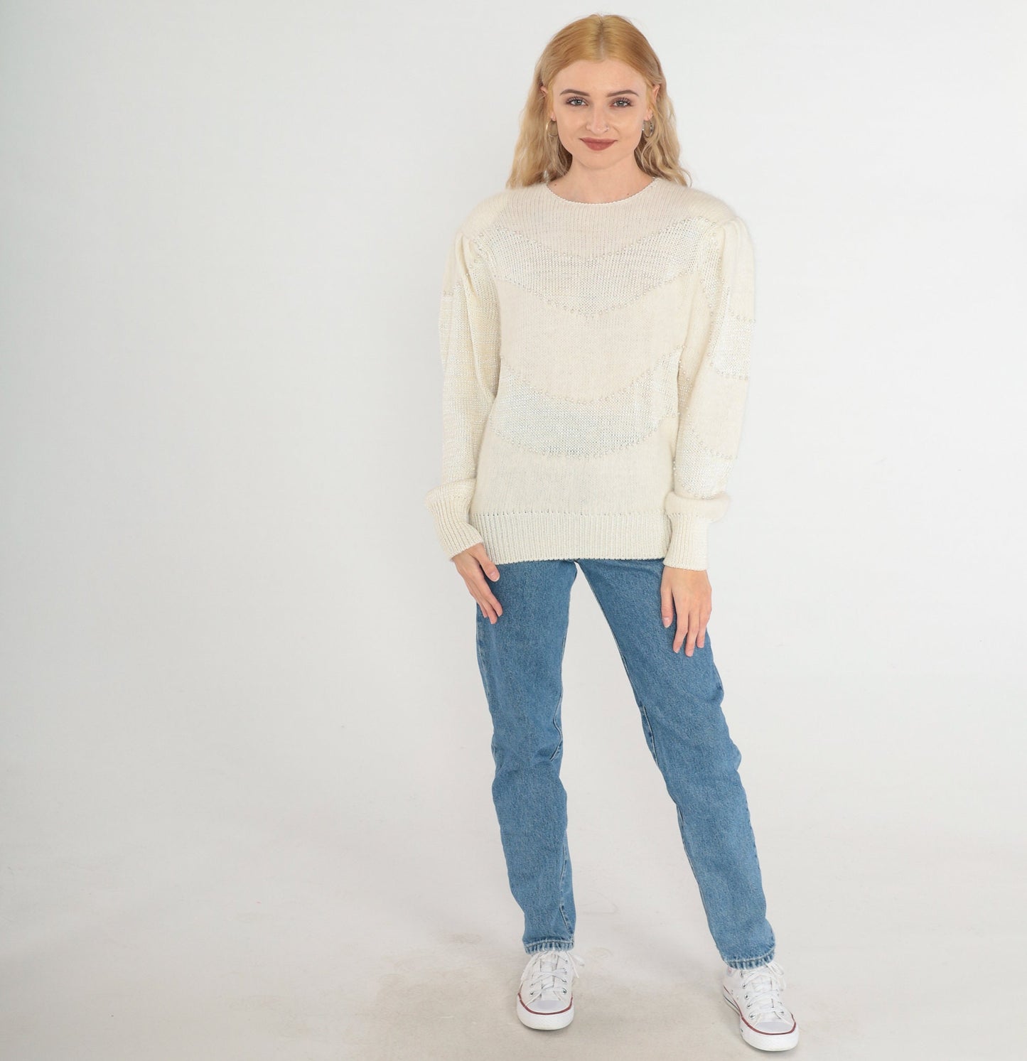 80s Pearl Beaded Off-White Mohair Knit Sweater Puff Sleeve Crewneck Medium M
