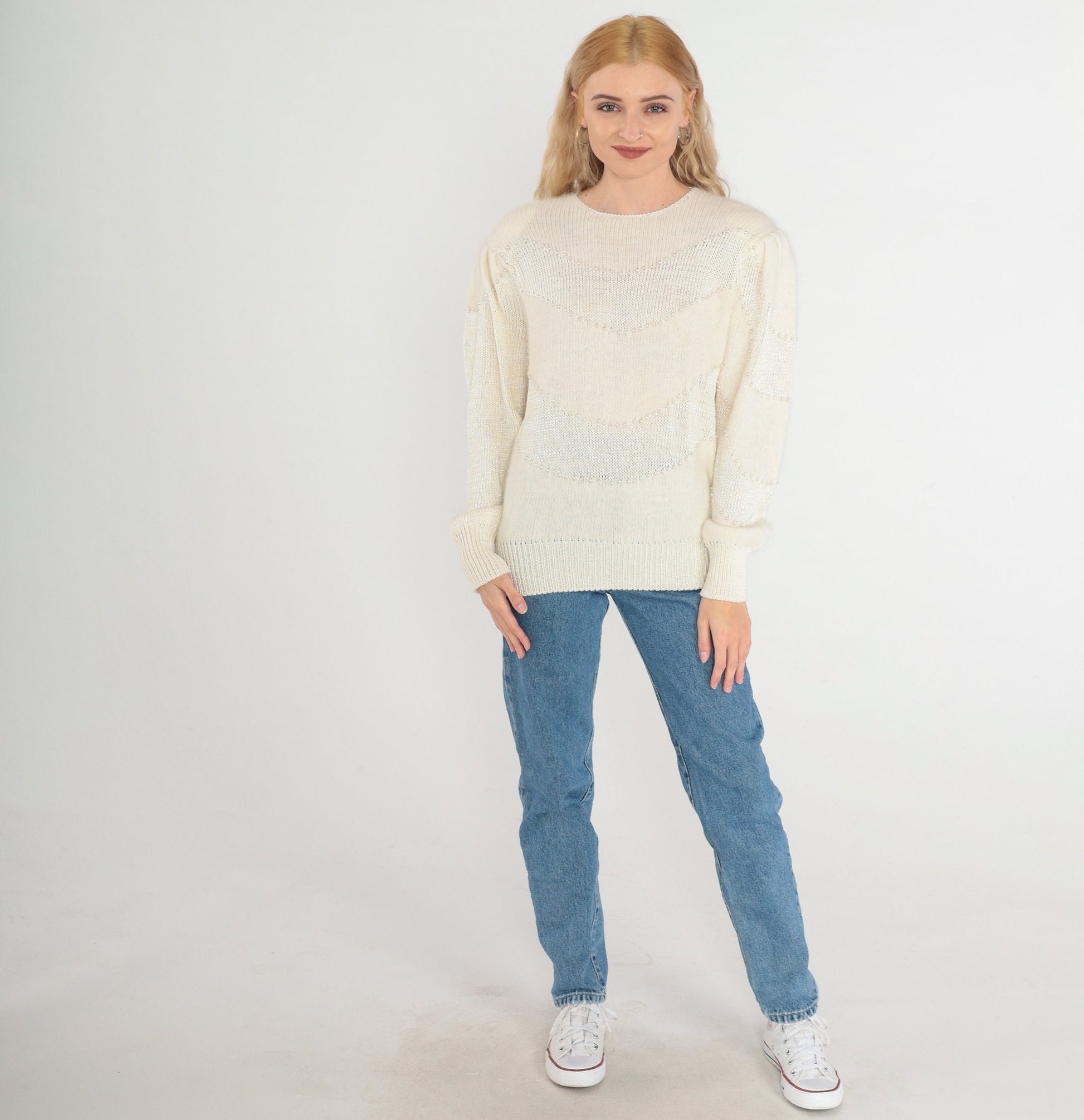 80s Pearl Beaded Off-White Mohair Knit Sweater Puff Sleeve Crewneck Medium M