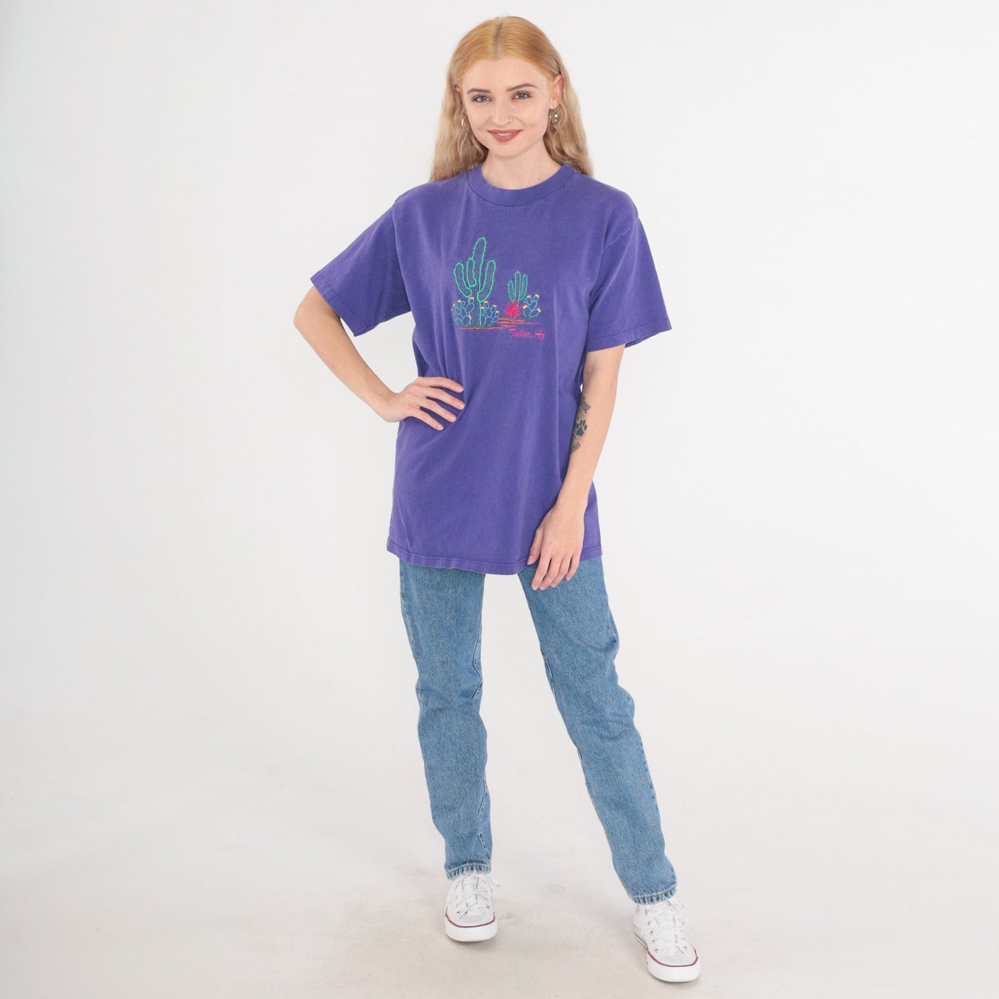 90s Tubac Arizona Cactus Embroidered T-Shirt Purple Graphic Tee Medium