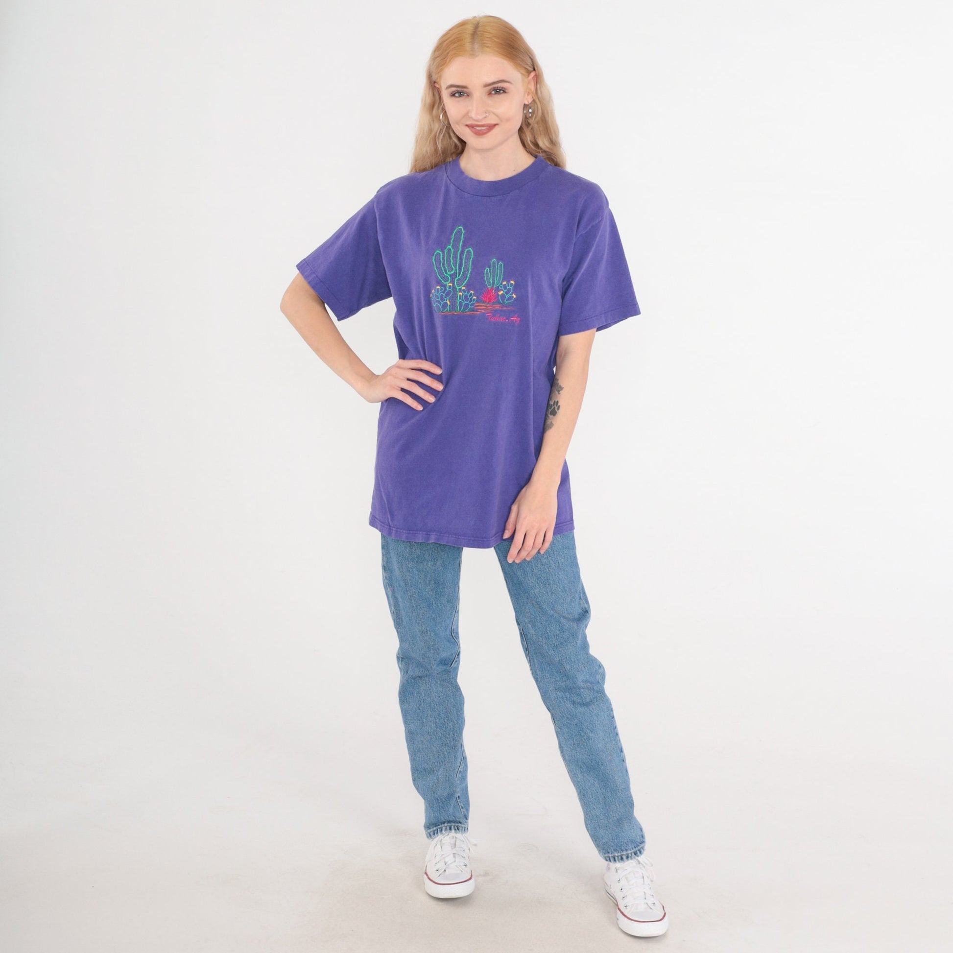 90s Tubac Arizona Cactus Embroidered T-Shirt Purple Graphic Tee Medium