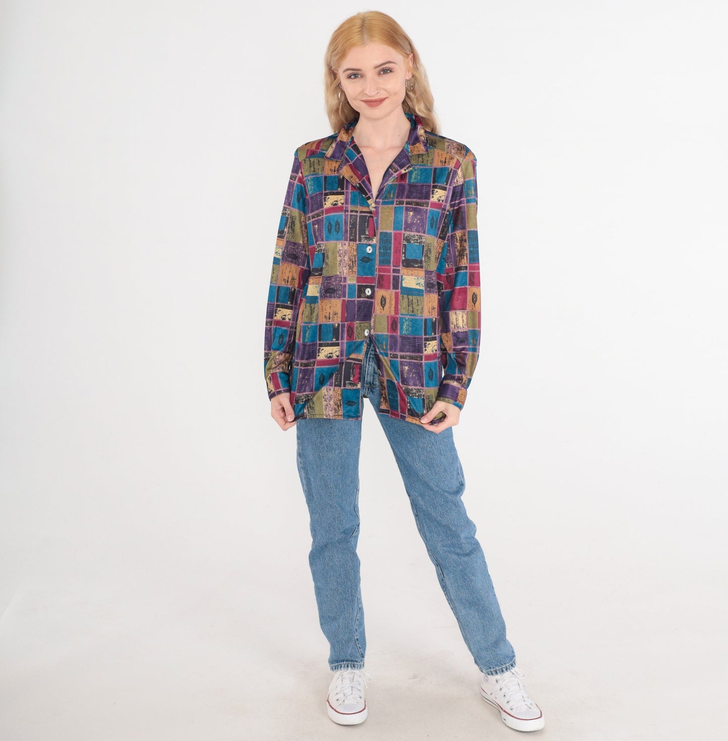 80s Multicolor Leaf Checkered Button-Up Blouse Long Sleeve Medium Large