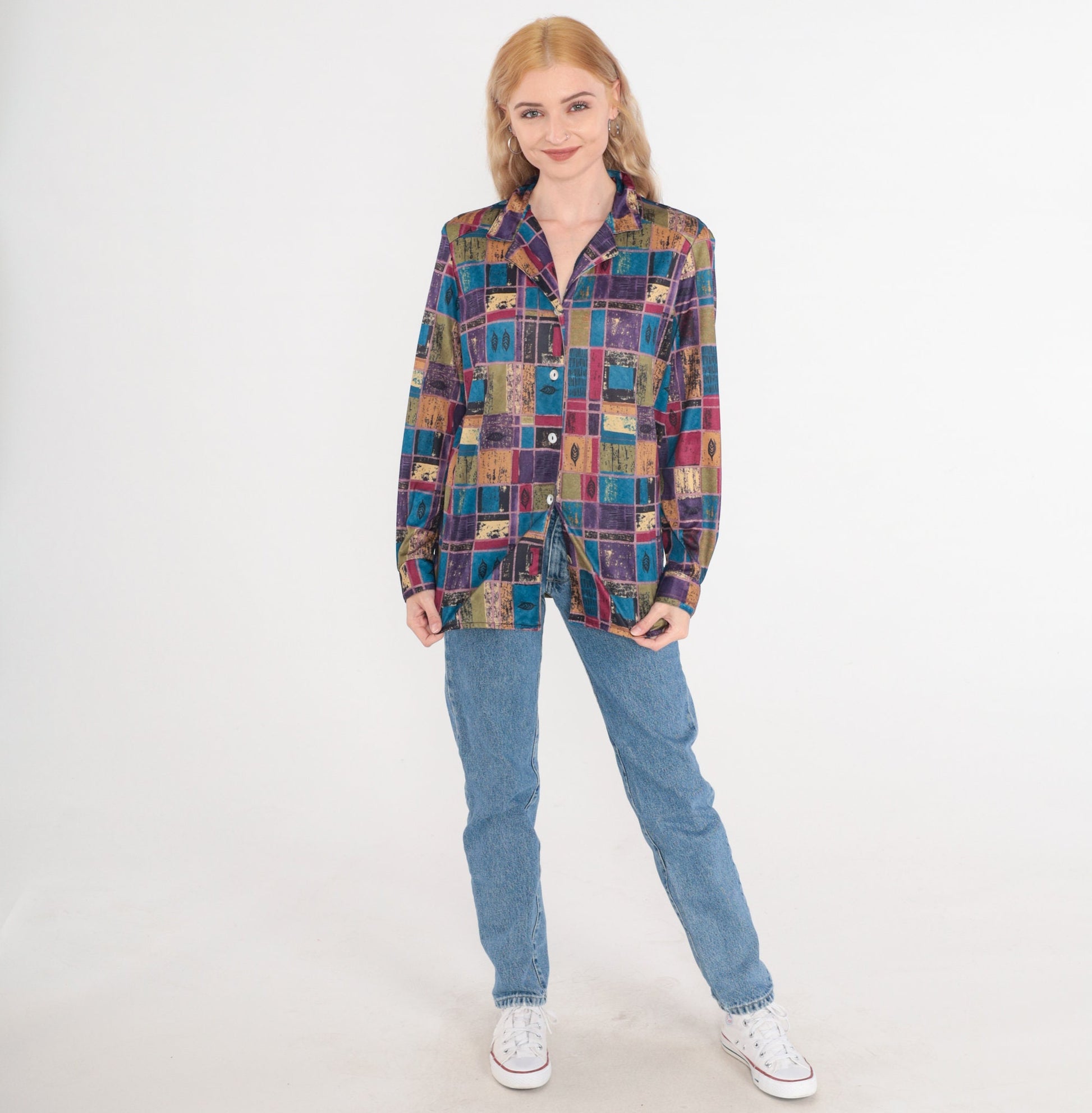 80s Multicolor Leaf Checkered Button-Up Blouse Long Sleeve Medium Large