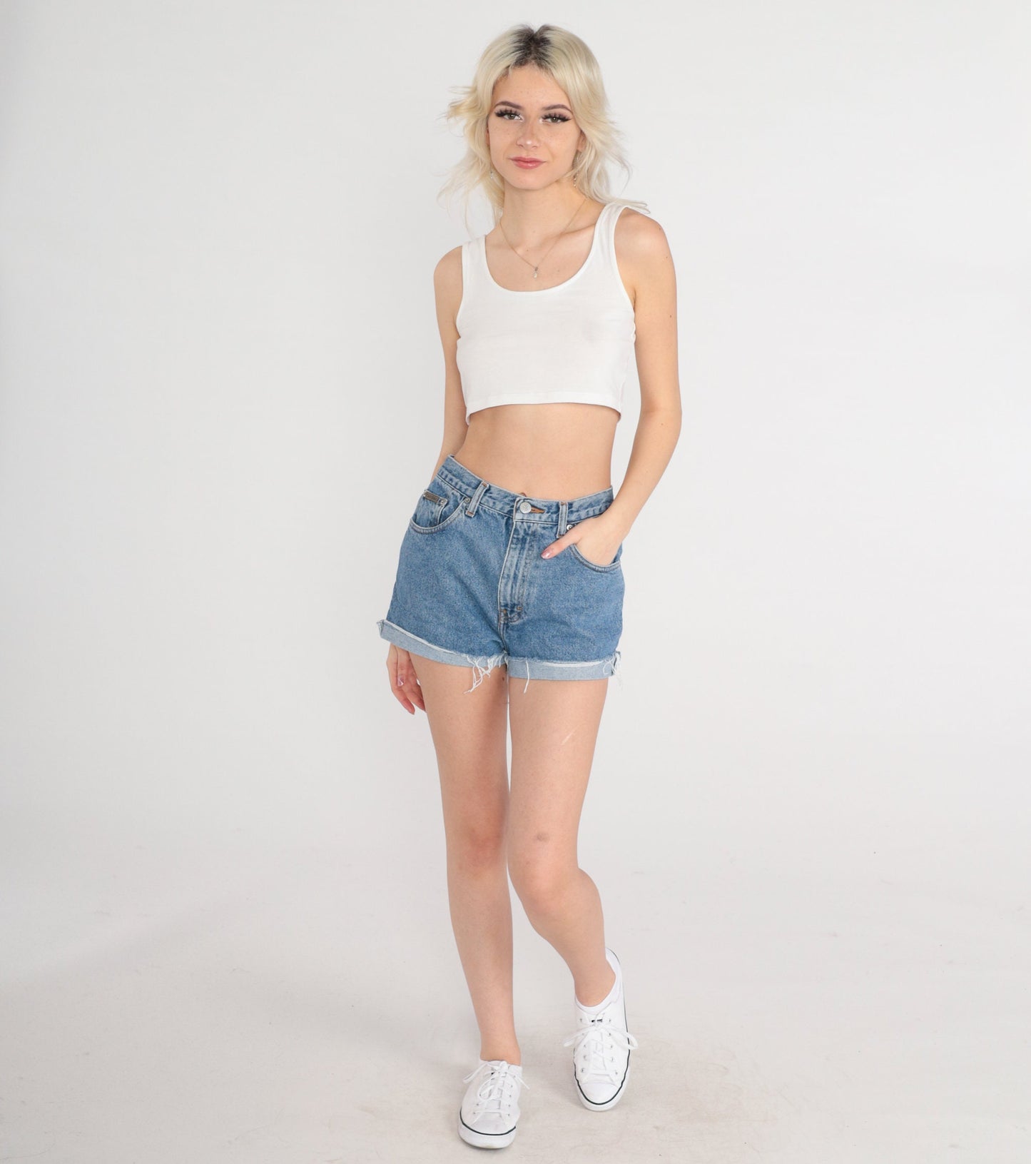 00s Calvin Klein Cut Off Denim Shorts Blue High Waisted Y2K Small