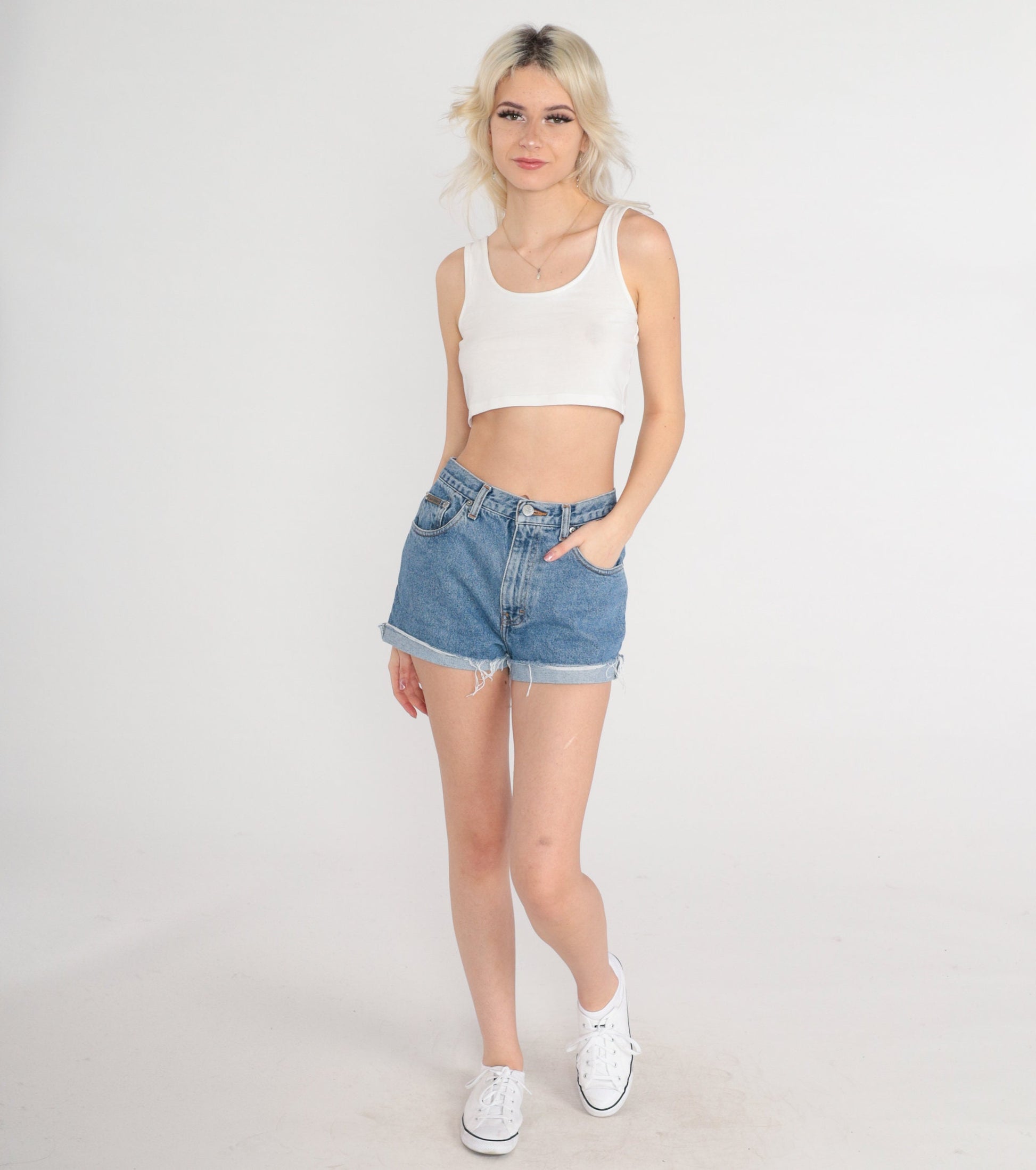 00s Calvin Klein Cut Off Denim Shorts Blue High Waisted Y2K Small