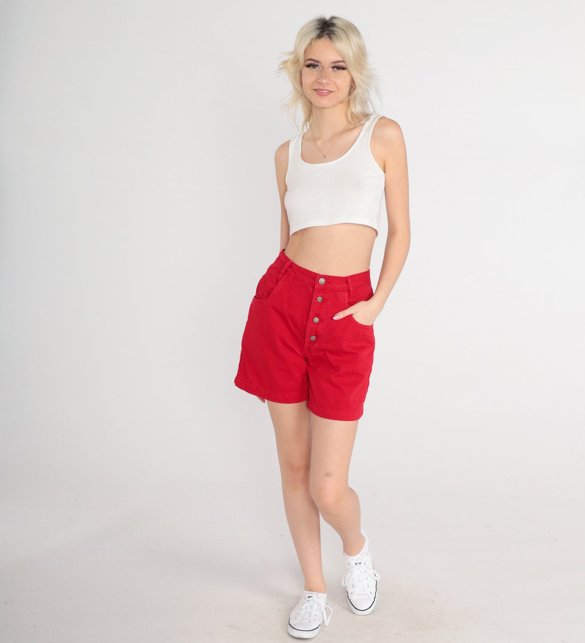 90s Red Denim Shorts High Rise Button Fly Jean Shorts Extra Small XS
