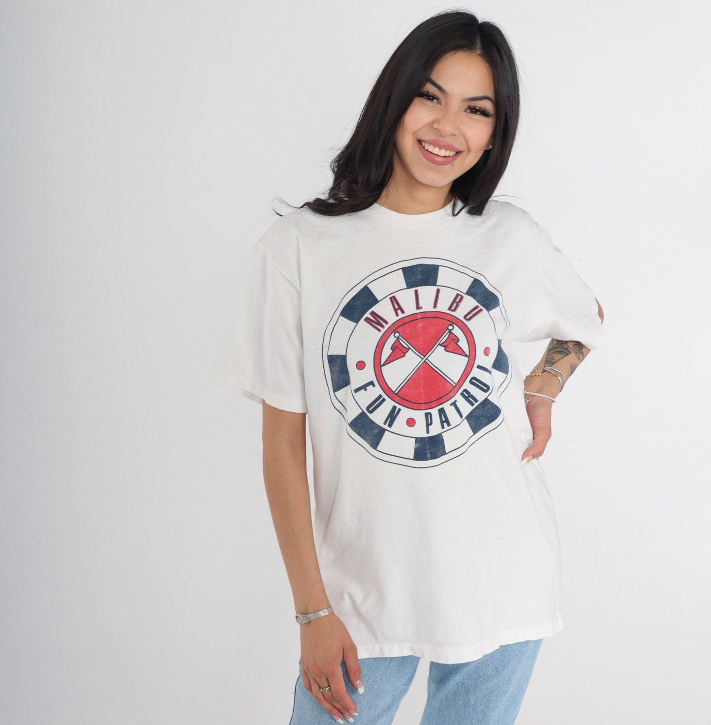 90s Malibu Fun Patrol Graphic T-Shirt White Single Stitch California Large