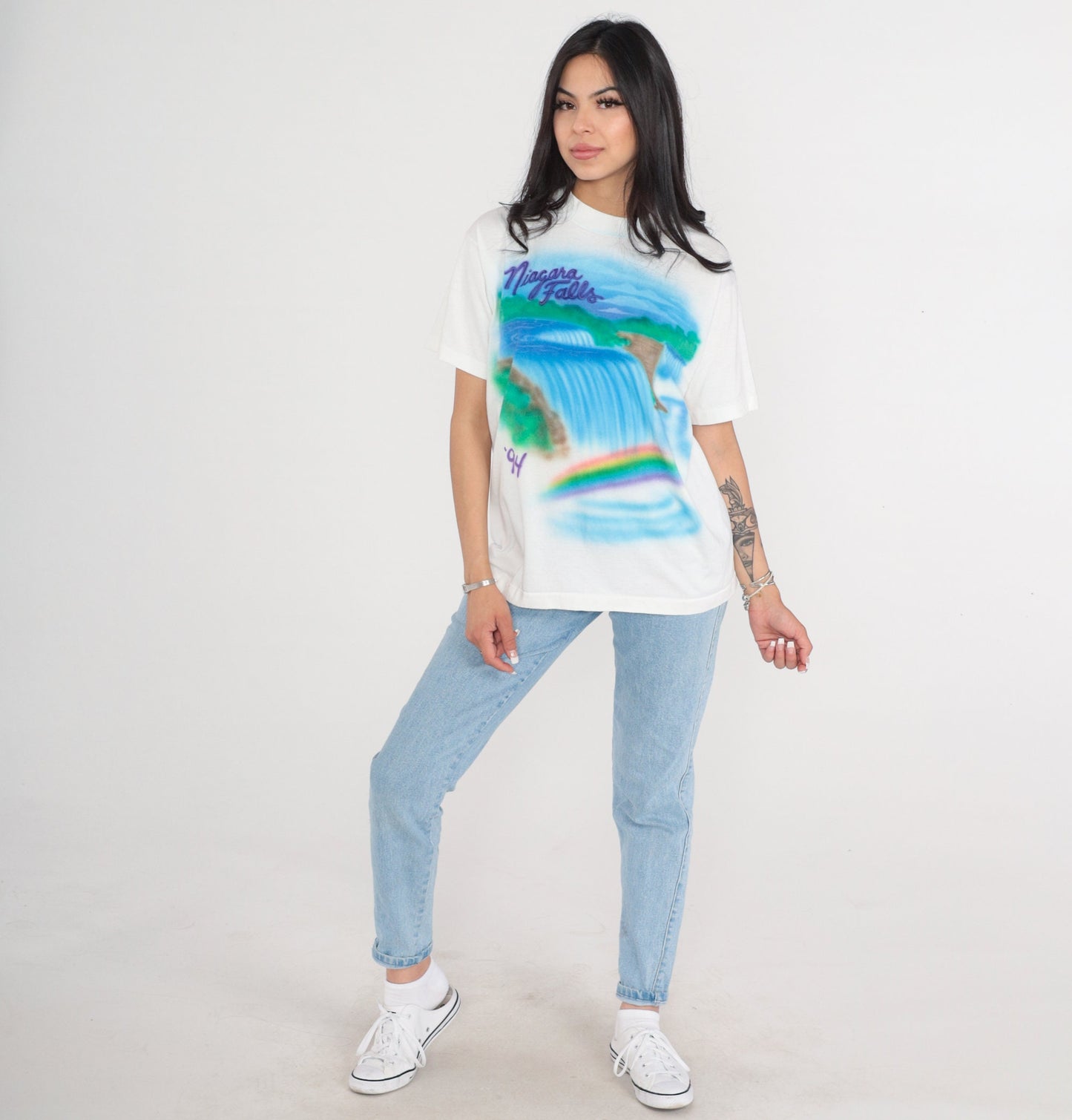 90s Niagara Falls Airbrush T-Shirt Rainbow Waterfall Graphic Tee White Large L