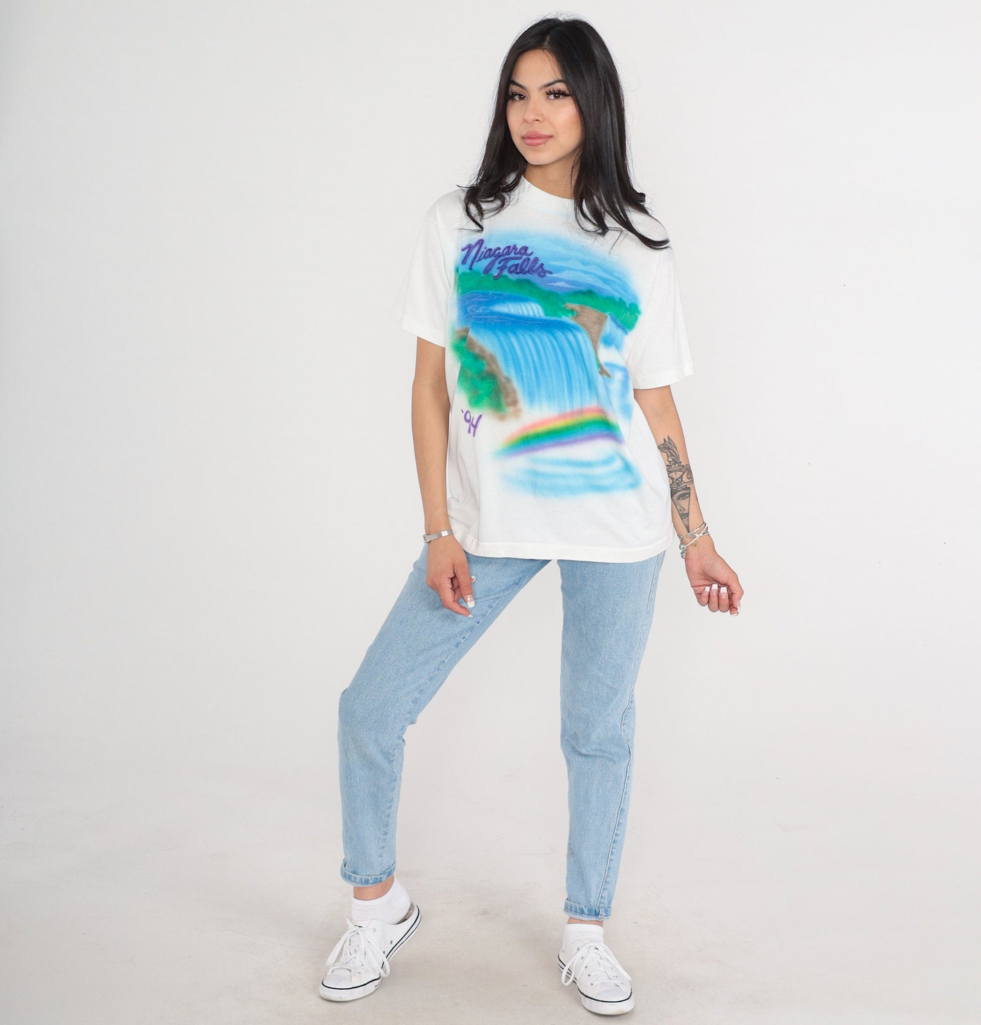 90s Niagara Falls Airbrush T-Shirt Rainbow Waterfall Graphic Tee White Large L