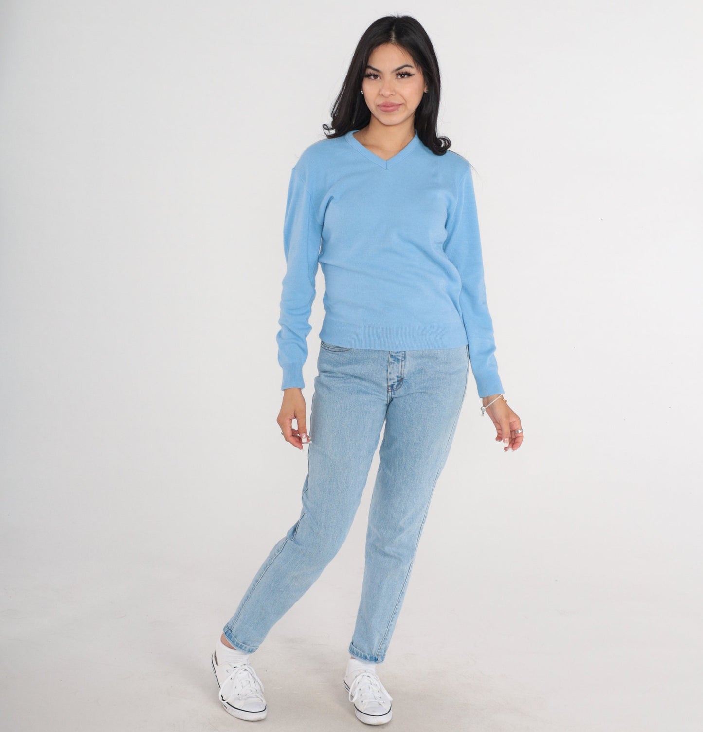 80s Cornflower Blue V-Neck Knit Pullover Sweater Small Medium