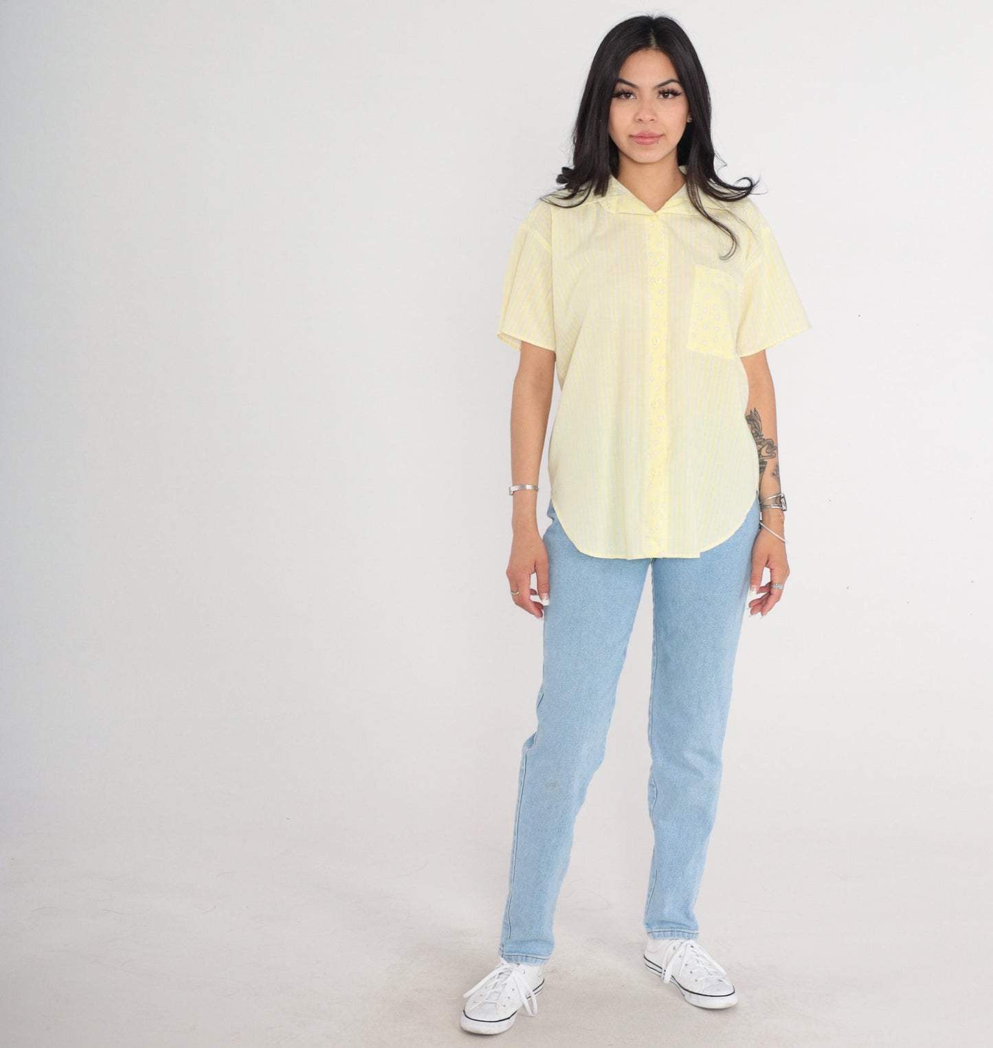 80s Yellow Striped Dot Print Button-Up Blouse Short Sleeve Medium