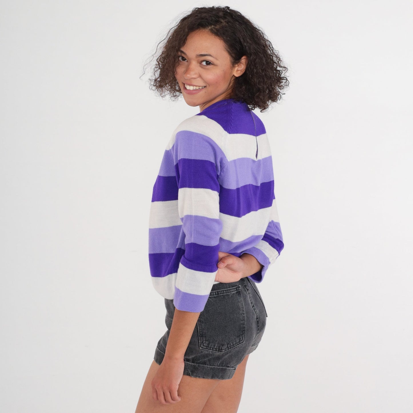 70s Striped Knit Sweater Purple Lavender White Raglan Sleeve Extra Small