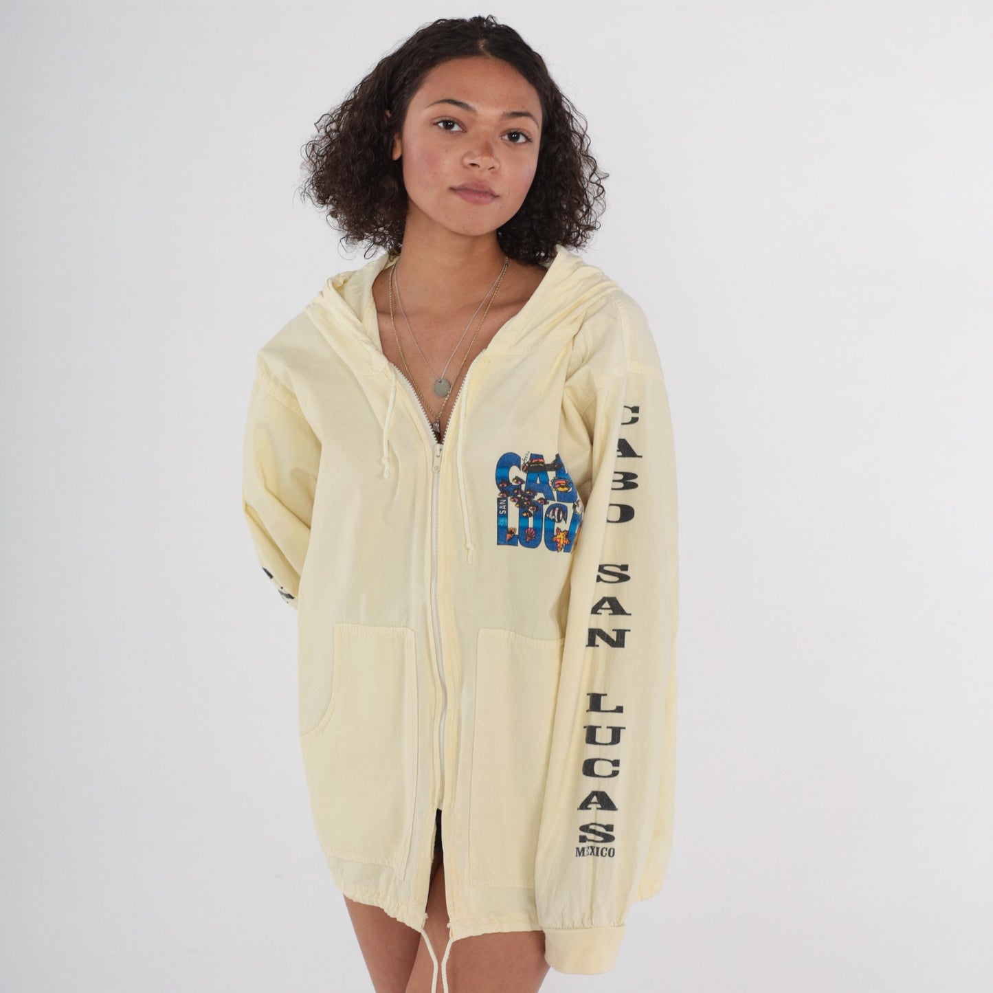 90s Cabo San Lucas Windbreaker Jacket Pale Yellow Hooded Cotton XL