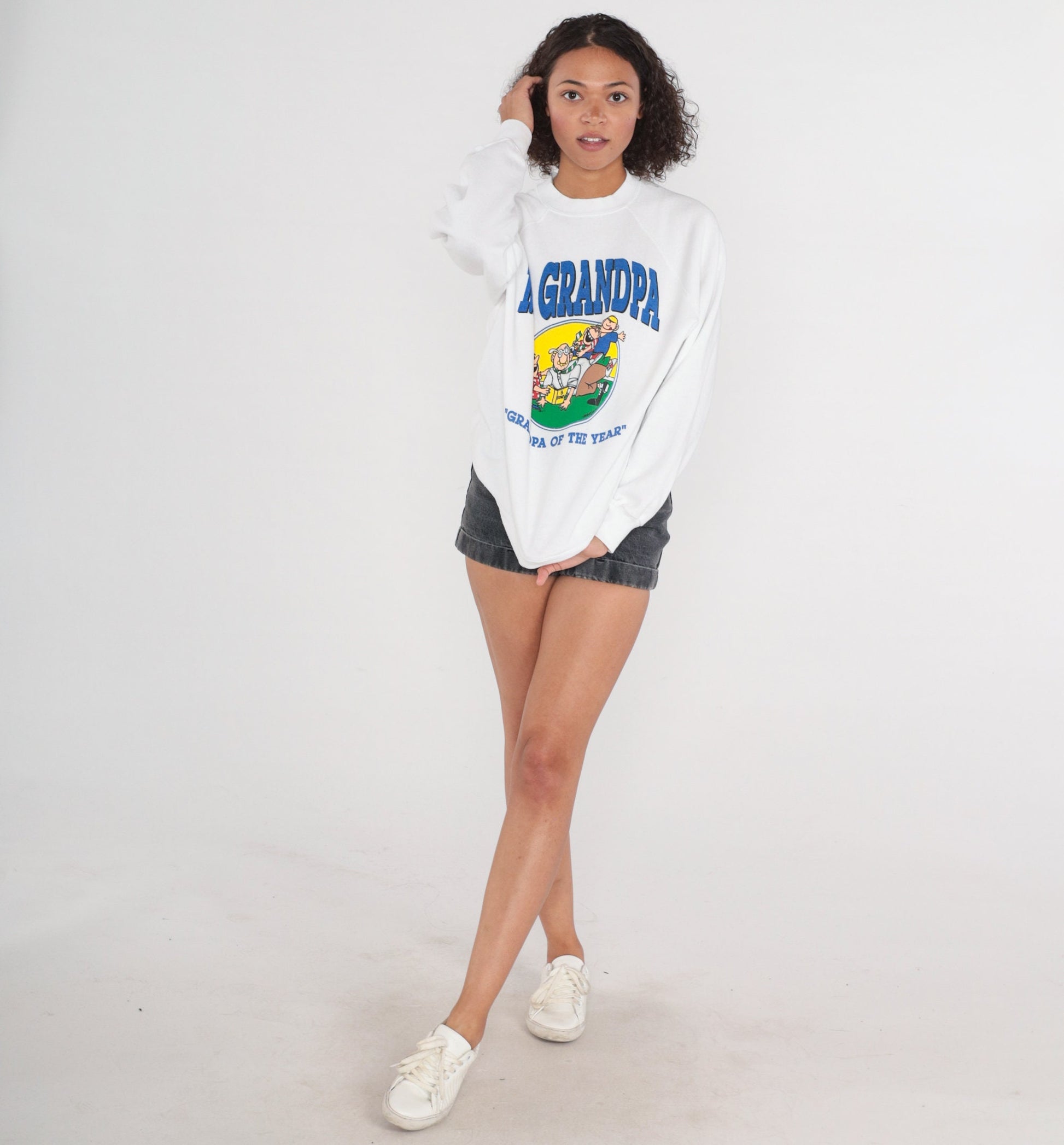 90s Mr. Grandpa of The Year Raglan Sweatshirt White Graphic Crewneck Large L