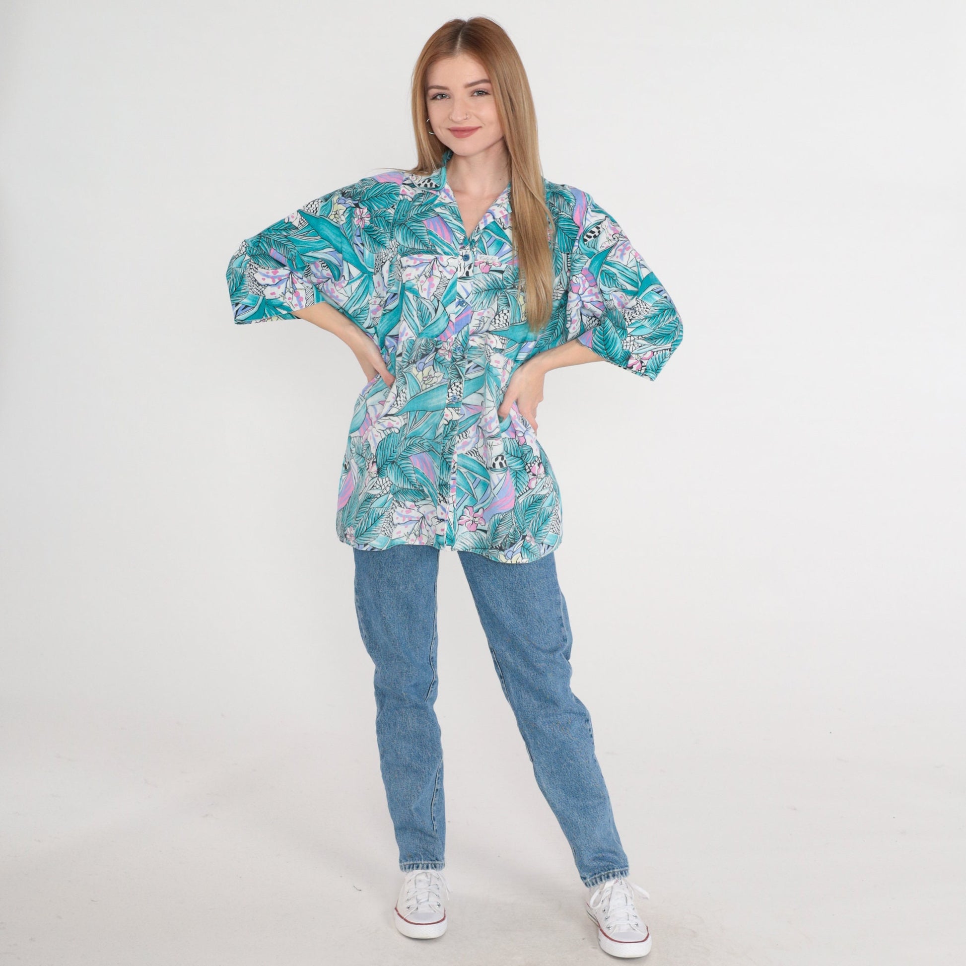 90s Tropical Leopard Floral Button-Up Blouse Pink Purple Blue White Large L