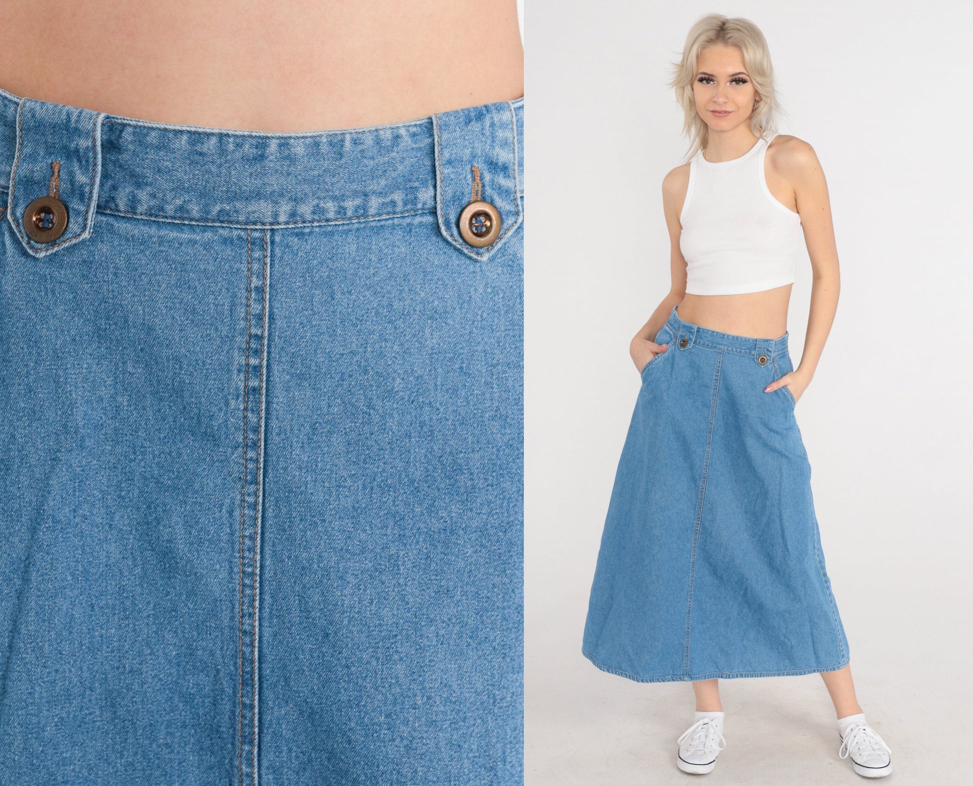 90s Chadwick's Denim Maxi Skirt High Waisted Blue A-Line Small
