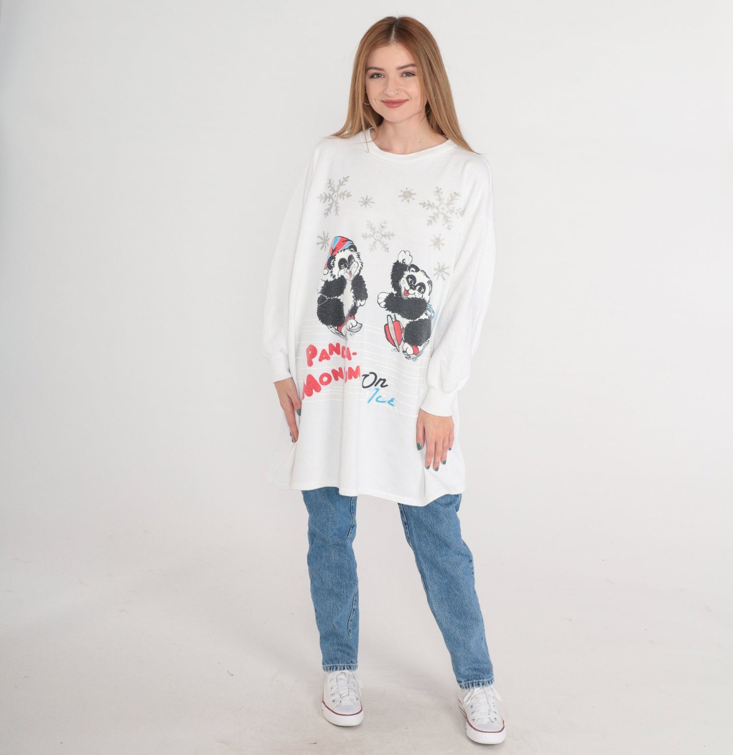 90s Panda-Monium on Ice Glitter Graphic T-Shirt Dress Long Sleeve Plus Size XXL