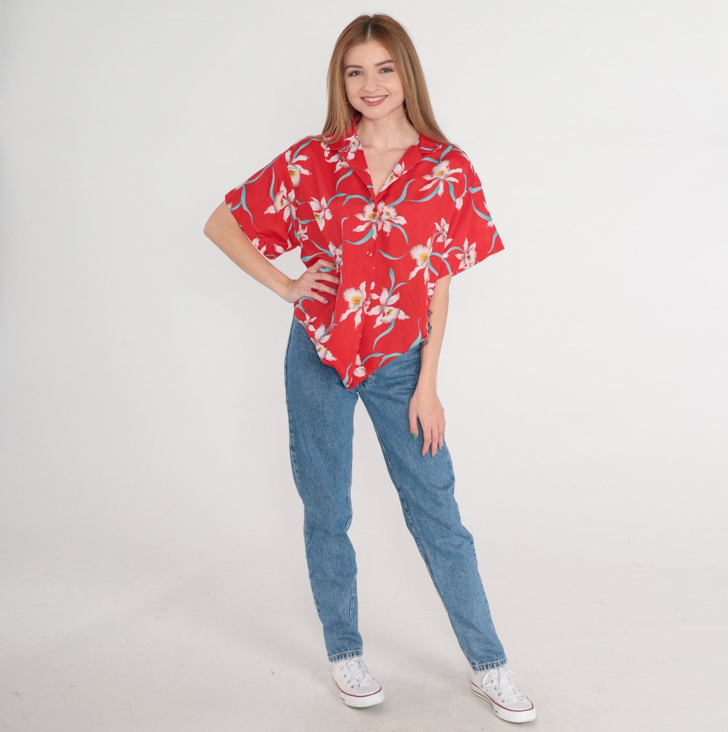 90s Red Tropical Floral Button-Up Shirt Tie Front Short Sleeve Medium M