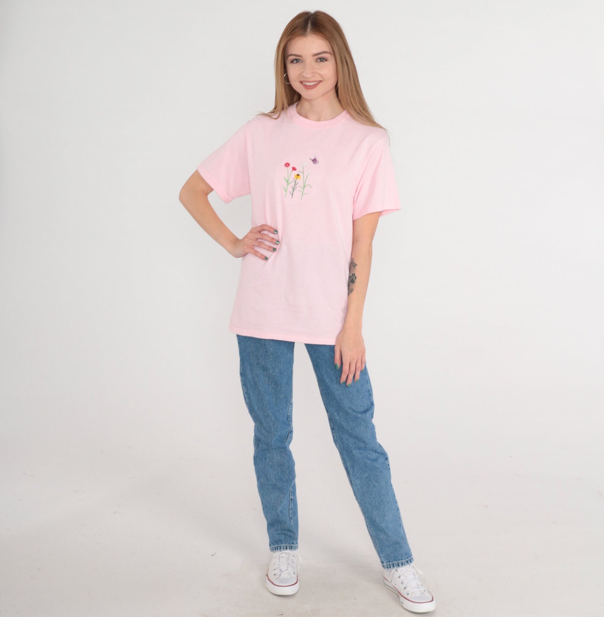 90s Pink Floral Butterfly T-Shirt Embroidered Rhinestone Cotton Small