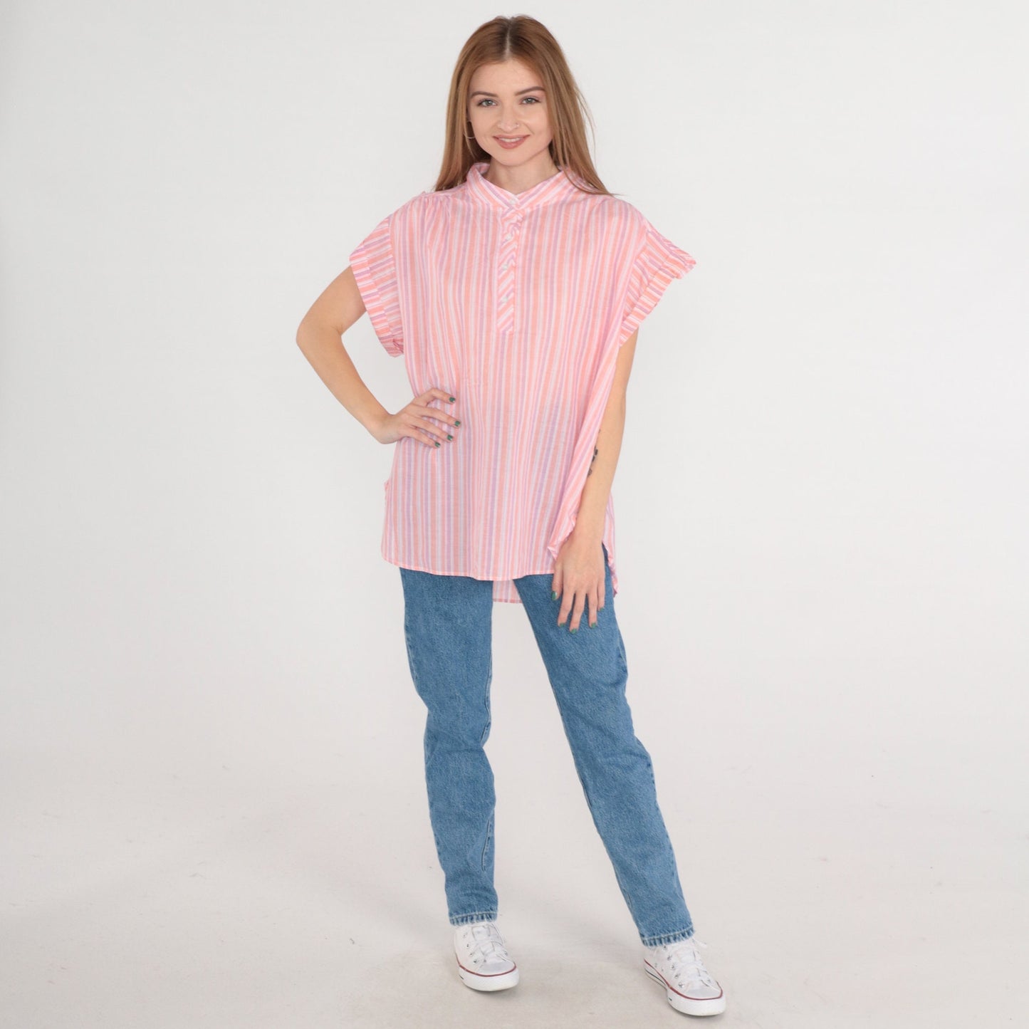 80s Striped Half-Button Blouse Pink Orange Purple Cap Sleeve Extra Large XXL