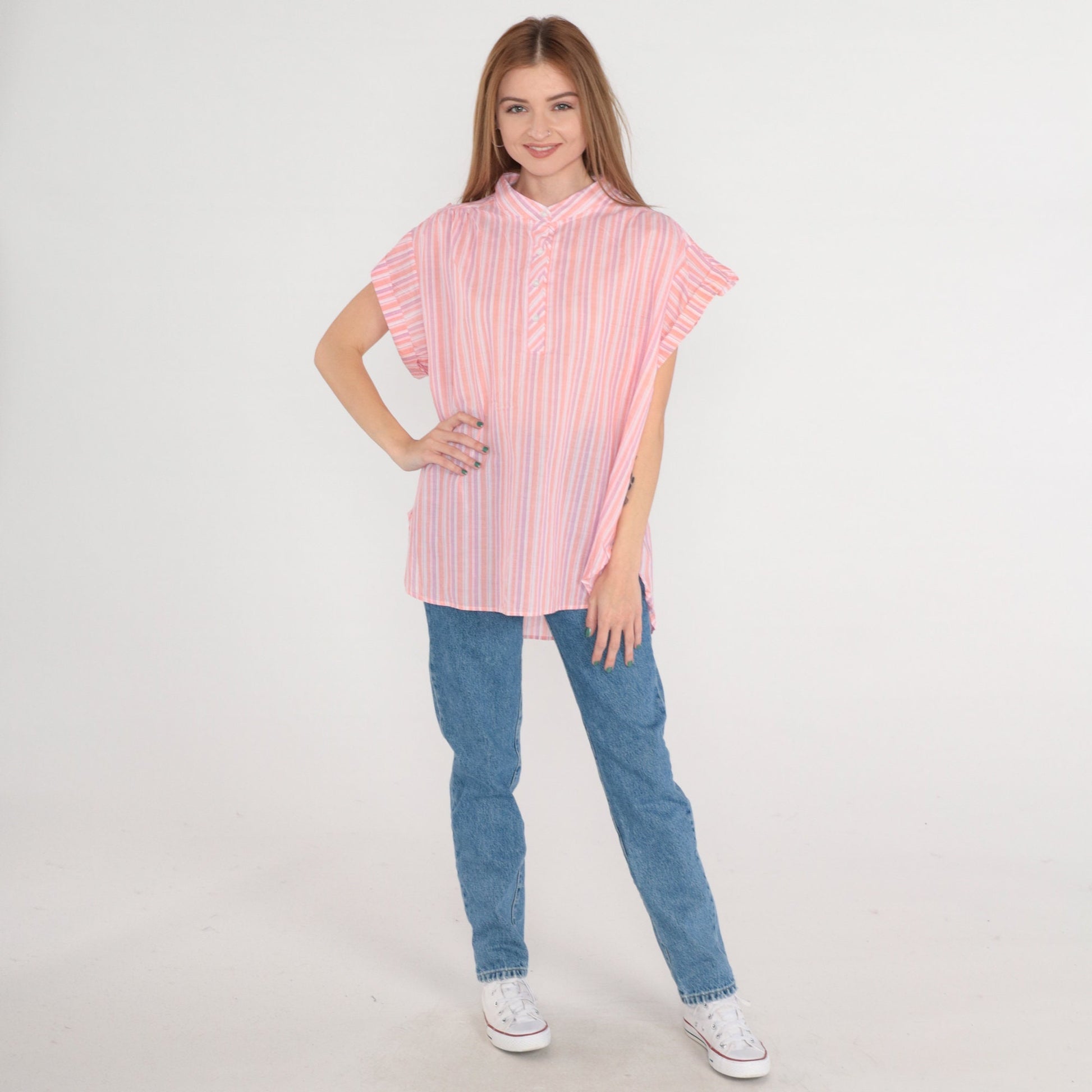 80s Striped Half-Button Blouse Pink Orange Purple Cap Sleeve Extra Large XXL