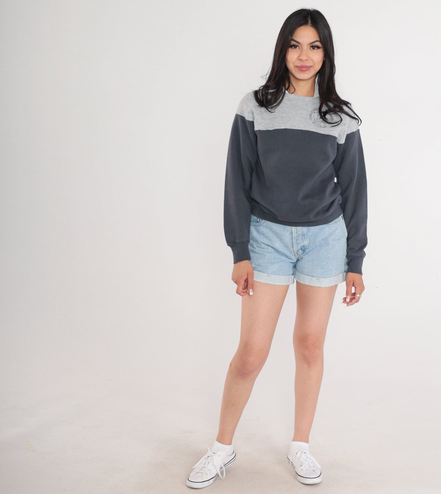 80s University of Oregon Ducks Raglan Sweatshirt Grey Collared Small